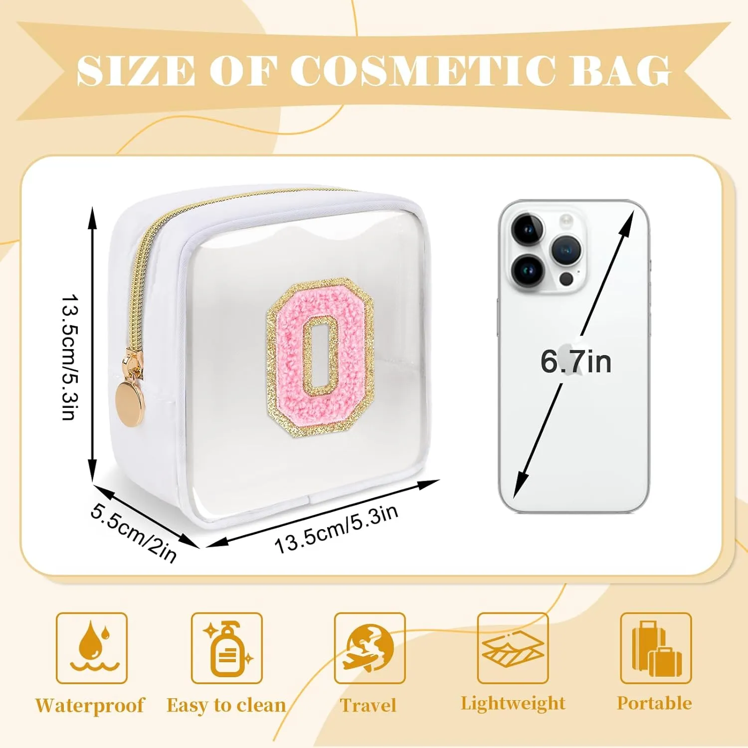 Personalized Initial Letter Clear Preppy Makeup Bag,Mini Nylon Chenille Letter Cosmetic Bag Cute Zipper Pouch Purse for Teen Girls,Portable TSA Approved Beach Travel Essentials Bag Gift for Women,O