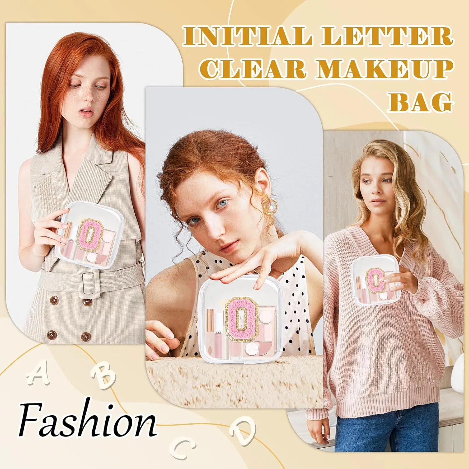 Personalized Initial Letter Clear Preppy Makeup Bag,Mini Nylon Chenille Letter Cosmetic Bag Cute Zipper Pouch Purse for Teen Girls,Portable TSA Approved Beach Travel Essentials Bag Gift for Women,O