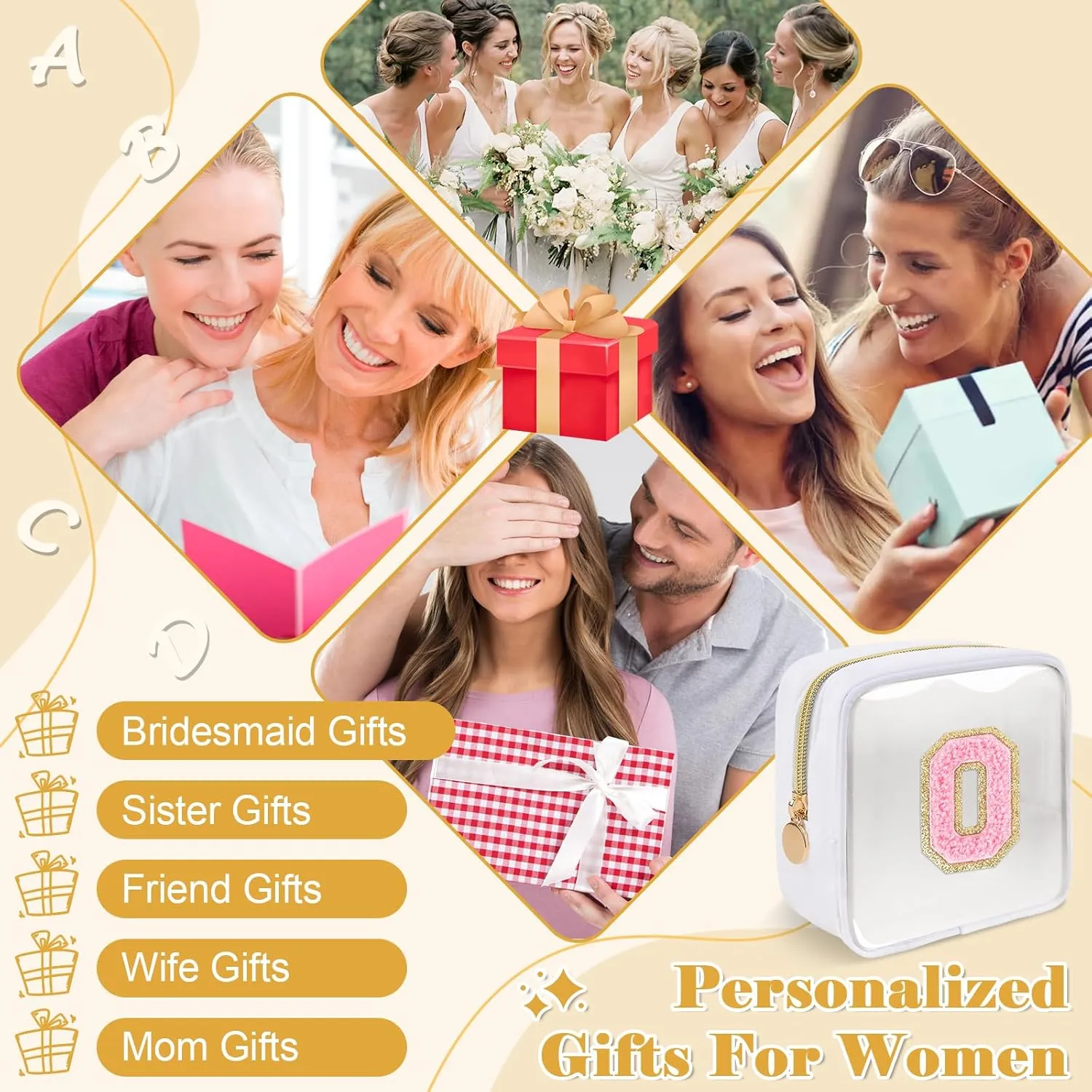 Personalized Initial Letter Clear Preppy Makeup Bag,Mini Nylon Chenille Letter Cosmetic Bag Cute Zipper Pouch Purse for Teen Girls,Portable TSA Approved Beach Travel Essentials Bag Gift for Women,O