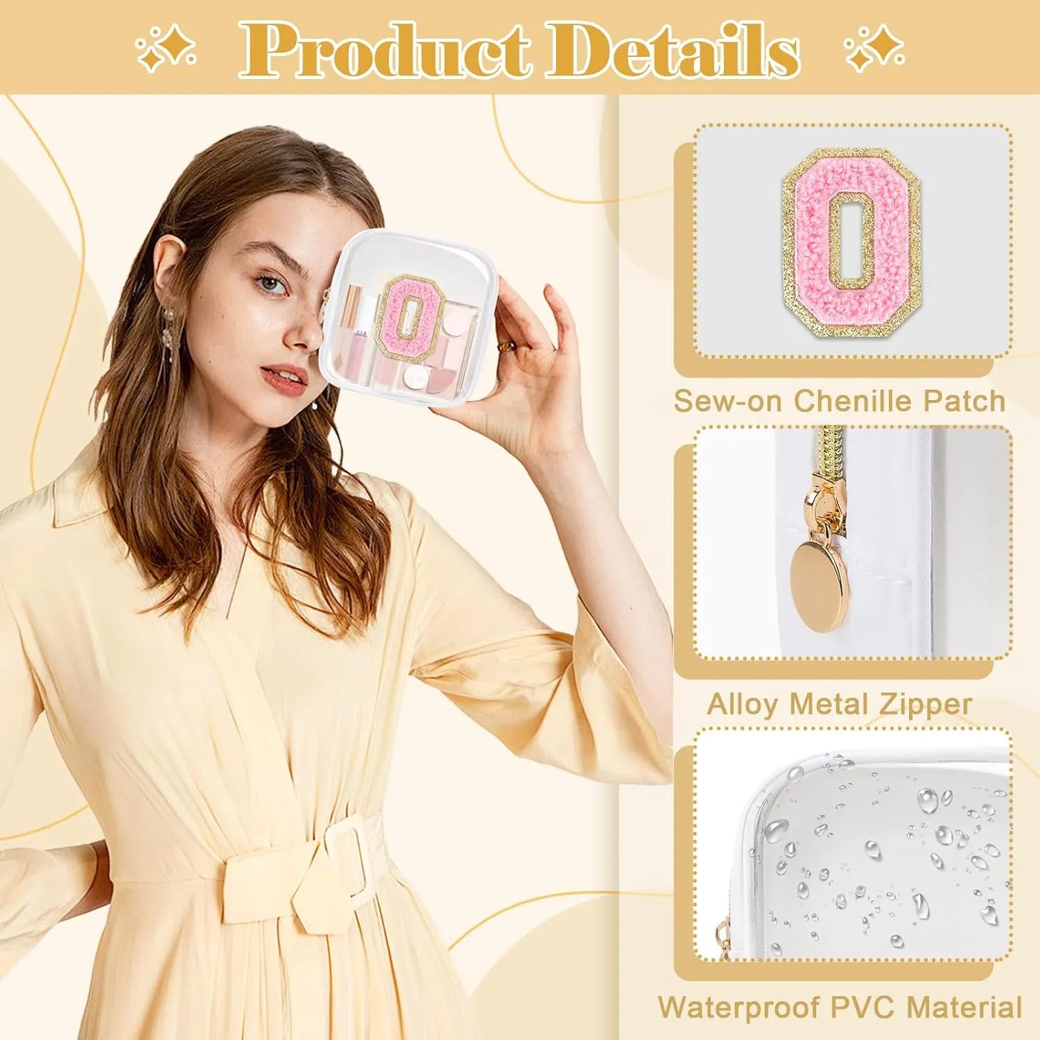 Personalized Initial Letter Clear Preppy Makeup Bag,Mini Nylon Chenille Letter Cosmetic Bag Cute Zipper Pouch Purse for Teen Girls,Portable TSA Approved Beach Travel Essentials Bag Gift for Women,O