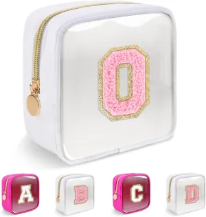 Personalized Initial Letter Clear Preppy Makeup Bag,Mini Nylon Chenille Letter Cosmetic Bag Cute Zipper Pouch Purse for Teen Girls,Portable TSA Approved Beach Travel Essentials Bag Gift for Women,O