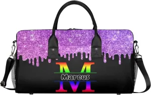 Personalized Initial Sports Bag Travel Duffel Bags with Name, Custom Gym Bag for Adults, Overnight Weekend Bags, Fluid Dance Bag, Personalized Gifts, Purple Glitter Fluid