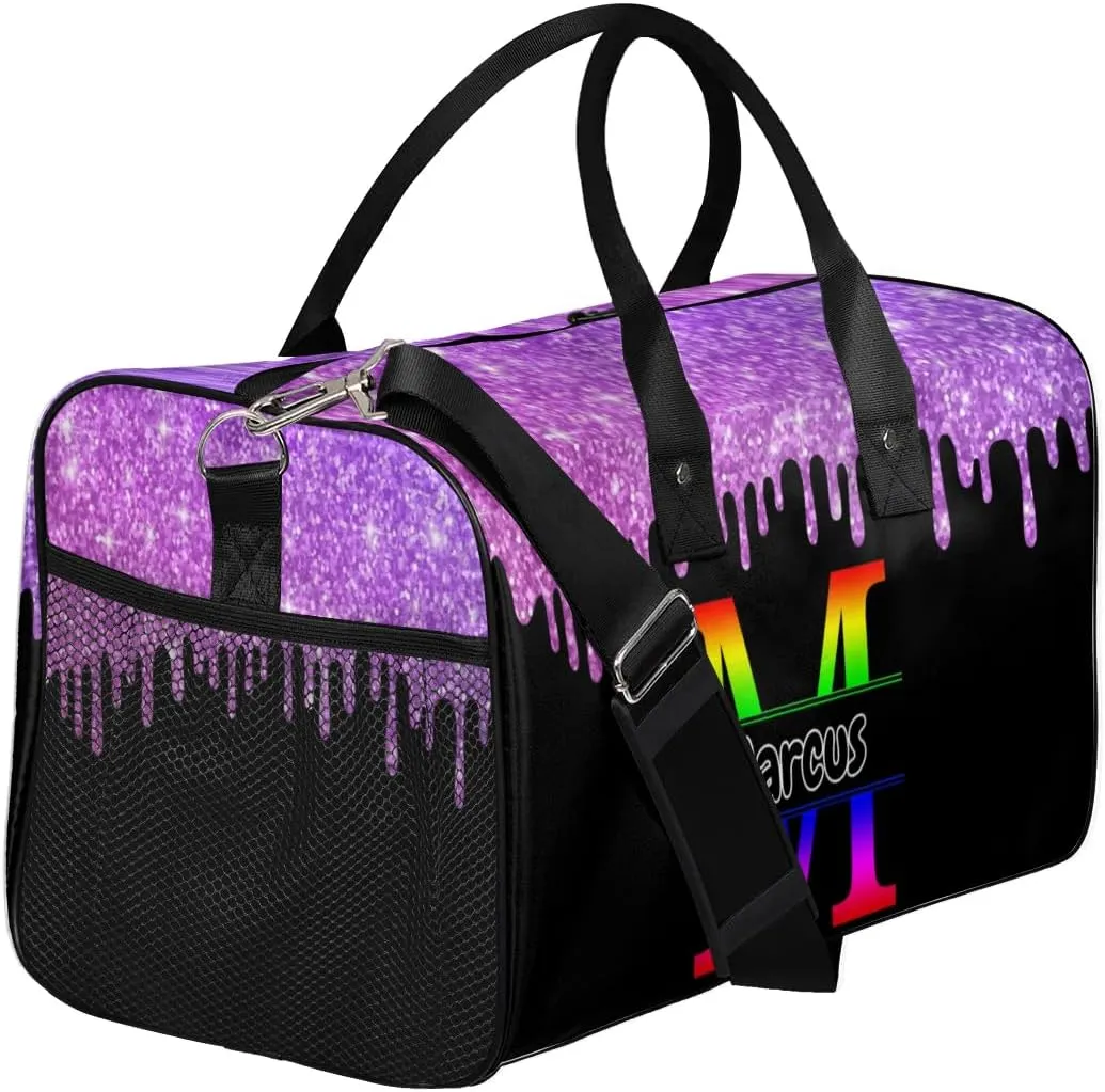 Personalized Initial Sports Bag Travel Duffel Bags with Name, Custom Gym Bag for Adults, Overnight Weekend Bags, Fluid Dance Bag, Personalized Gifts, Purple Glitter Fluid