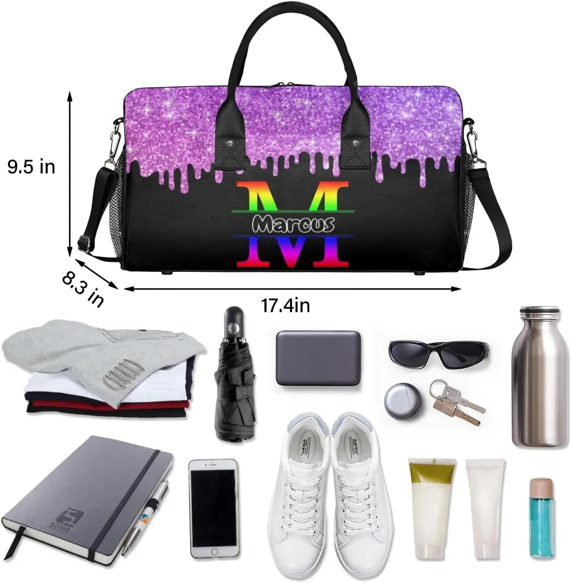 Personalized Initial Sports Bag Travel Duffel Bags with Name, Custom Gym Bag for Adults, Overnight Weekend Bags, Fluid Dance Bag, Personalized Gifts, Purple Glitter Fluid