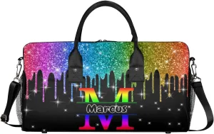 Personalized Initial Sports Bag Travel Duffel Bags with Name, Custom Gym Bag for Adults, Overnight Weekend Bags, Fluid Dance Bag, Personalized Gifts, Rainbow Glitter