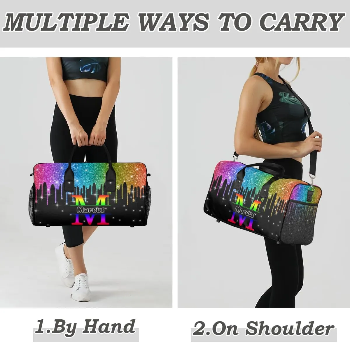 Personalized Initial Sports Bag Travel Duffel Bags with Name, Custom Gym Bag for Adults, Overnight Weekend Bags, Fluid Dance Bag, Personalized Gifts, Rainbow Glitter