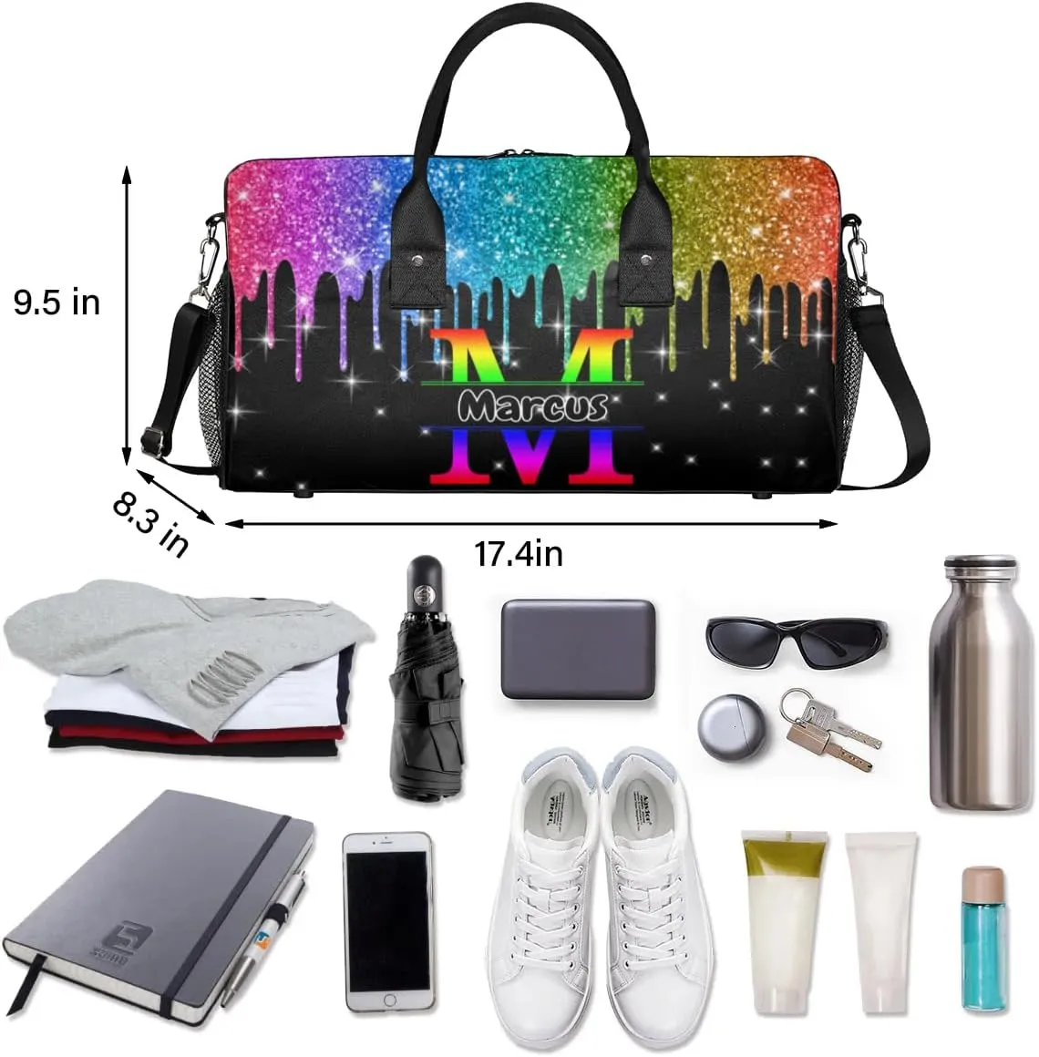 Personalized Initial Sports Bag Travel Duffel Bags with Name, Custom Gym Bag for Adults, Overnight Weekend Bags, Fluid Dance Bag, Personalized Gifts, Rainbow Glitter