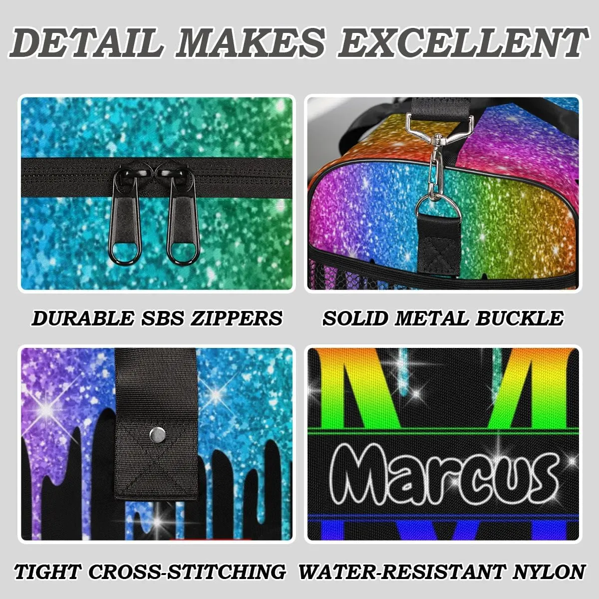 Personalized Initial Sports Bag Travel Duffel Bags with Name, Custom Gym Bag for Adults, Overnight Weekend Bags, Fluid Dance Bag, Personalized Gifts, Rainbow Glitter