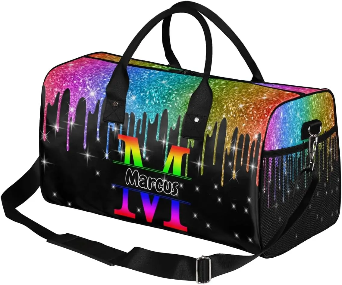 Personalized Initial Sports Bag Travel Duffel Bags with Name, Custom Gym Bag for Adults, Overnight Weekend Bags, Fluid Dance Bag, Personalized Gifts, Rainbow Glitter