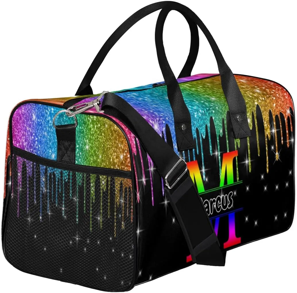 Personalized Initial Sports Bag Travel Duffel Bags with Name, Custom Gym Bag for Adults, Overnight Weekend Bags, Fluid Dance Bag, Personalized Gifts, Rainbow Glitter
