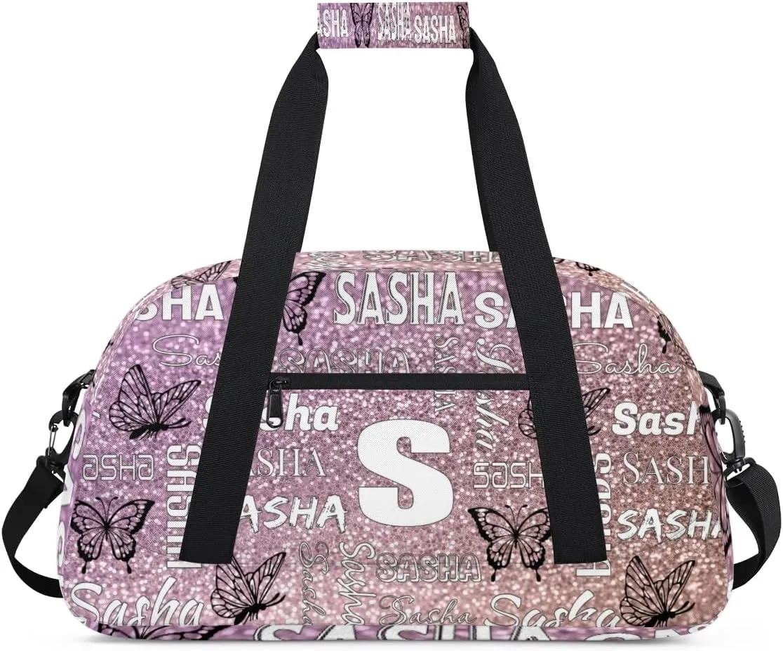 Personalized Initials Duffel Bags for Women, Custom Sport Duffel Bag with Name, Butterfly Print Overnight Carry-On Bag Weekender Bags, Light Rose Pink Glitter Custom Gifts