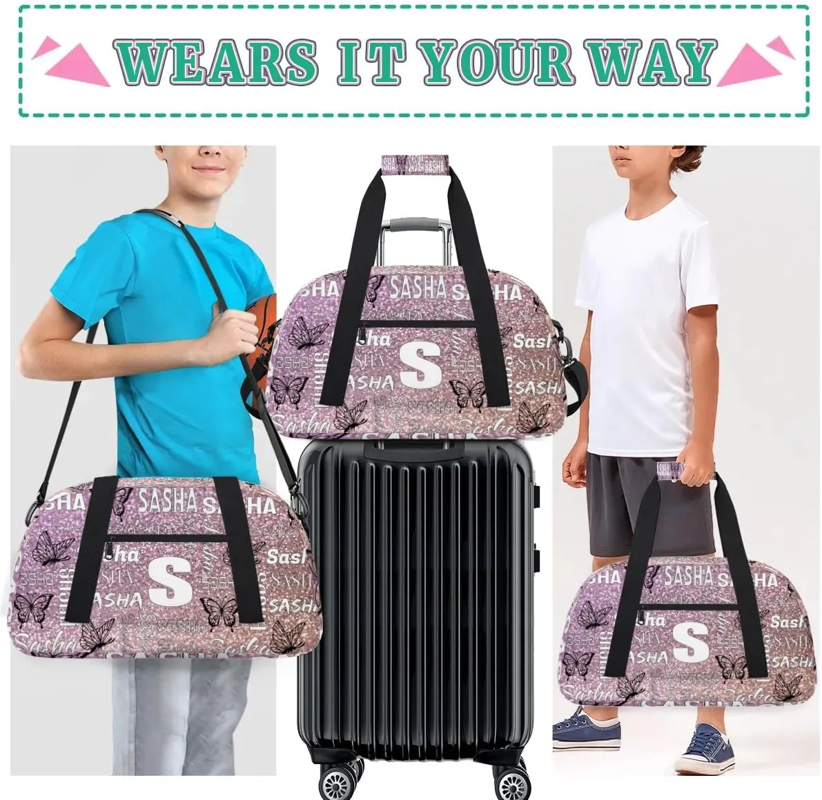 Personalized Initials Duffel Bags for Women, Custom Sport Duffel Bag with Name, Butterfly Print Overnight Carry-On Bag Weekender Bags, Light Rose Pink Glitter Custom Gifts