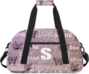 Personalized Initials Duffel Bags for Women, Custom Sport Duffel Bag with Name, Butterfly Print Overnight Carry-On Bag Weekender Bags, Light Rose Pink Glitter Custom Gifts