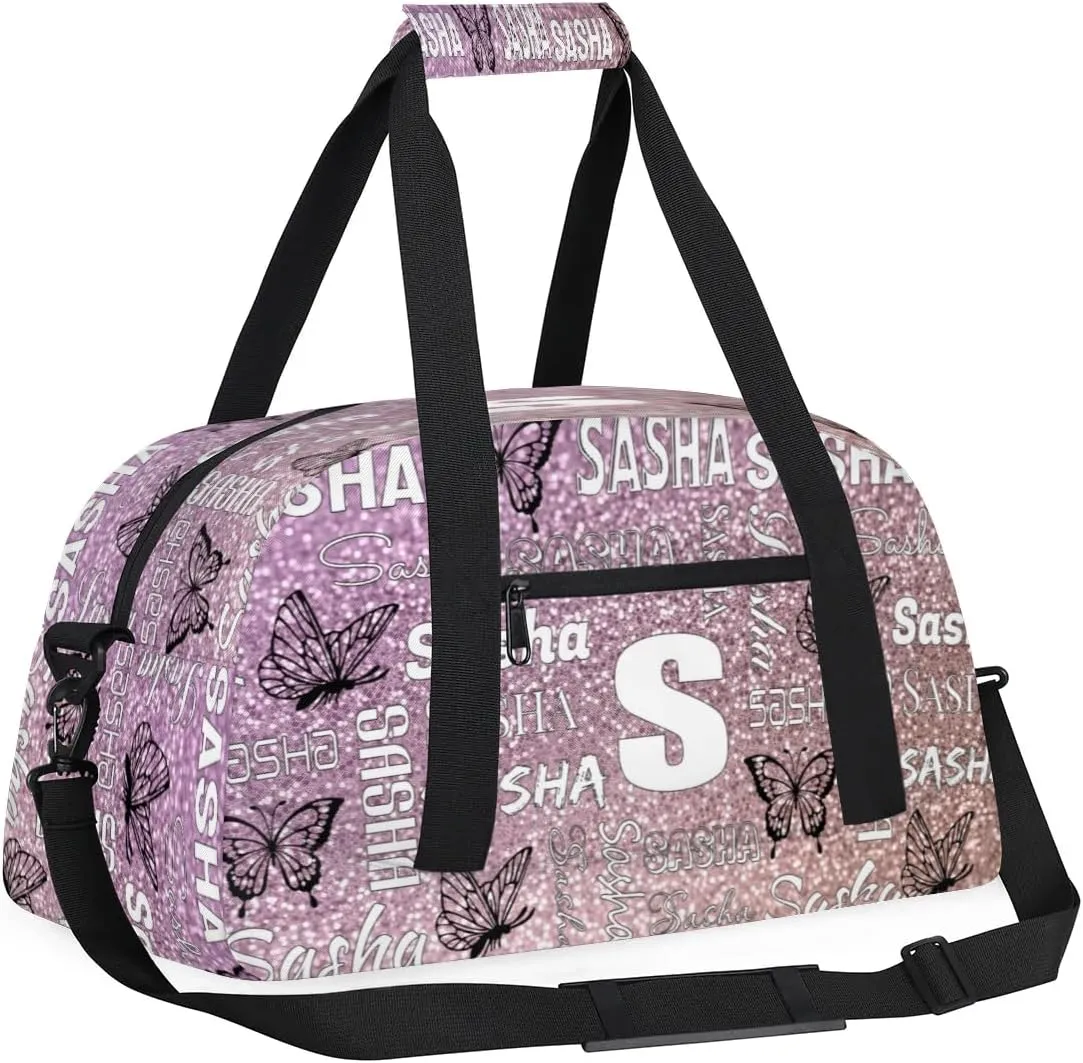 Personalized Initials Duffel Bags for Women, Custom Sport Duffel Bag with Name, Butterfly Print Overnight Carry-On Bag Weekender Bags, Light Rose Pink Glitter Custom Gifts