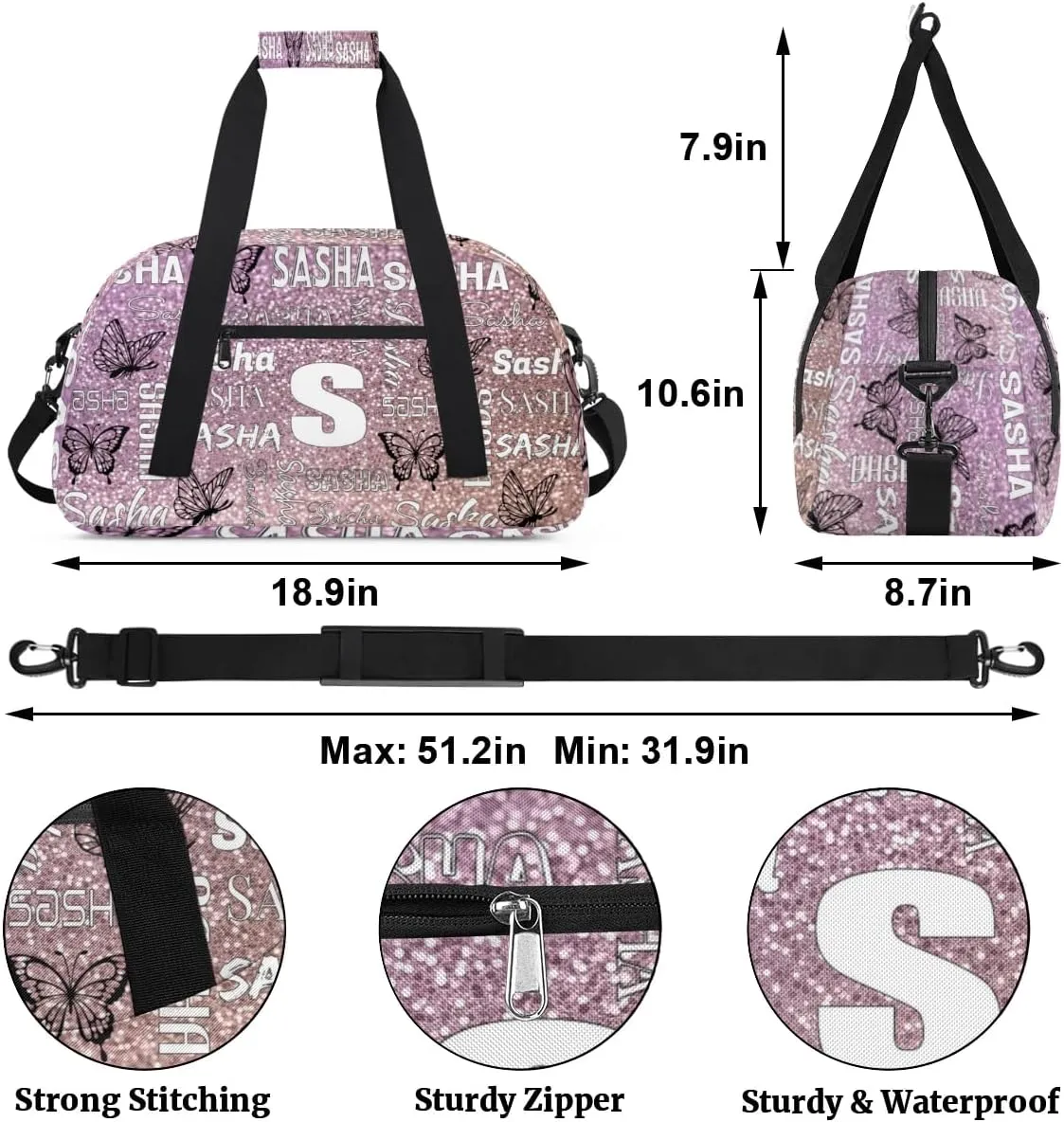 Personalized Initials Duffel Bags for Women, Custom Sport Duffel Bag with Name, Butterfly Print Overnight Carry-On Bag Weekender Bags, Light Rose Pink Glitter Custom Gifts