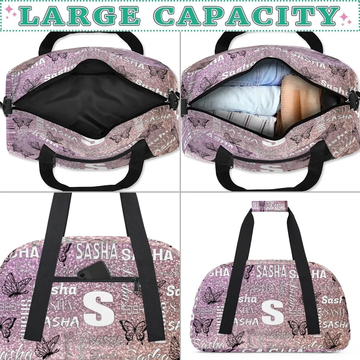 Personalized Initials Duffel Bags for Women, Custom Sport Duffel Bag with Name, Butterfly Print Overnight Carry-On Bag Weekender Bags, Light Rose Pink Glitter Custom Gifts