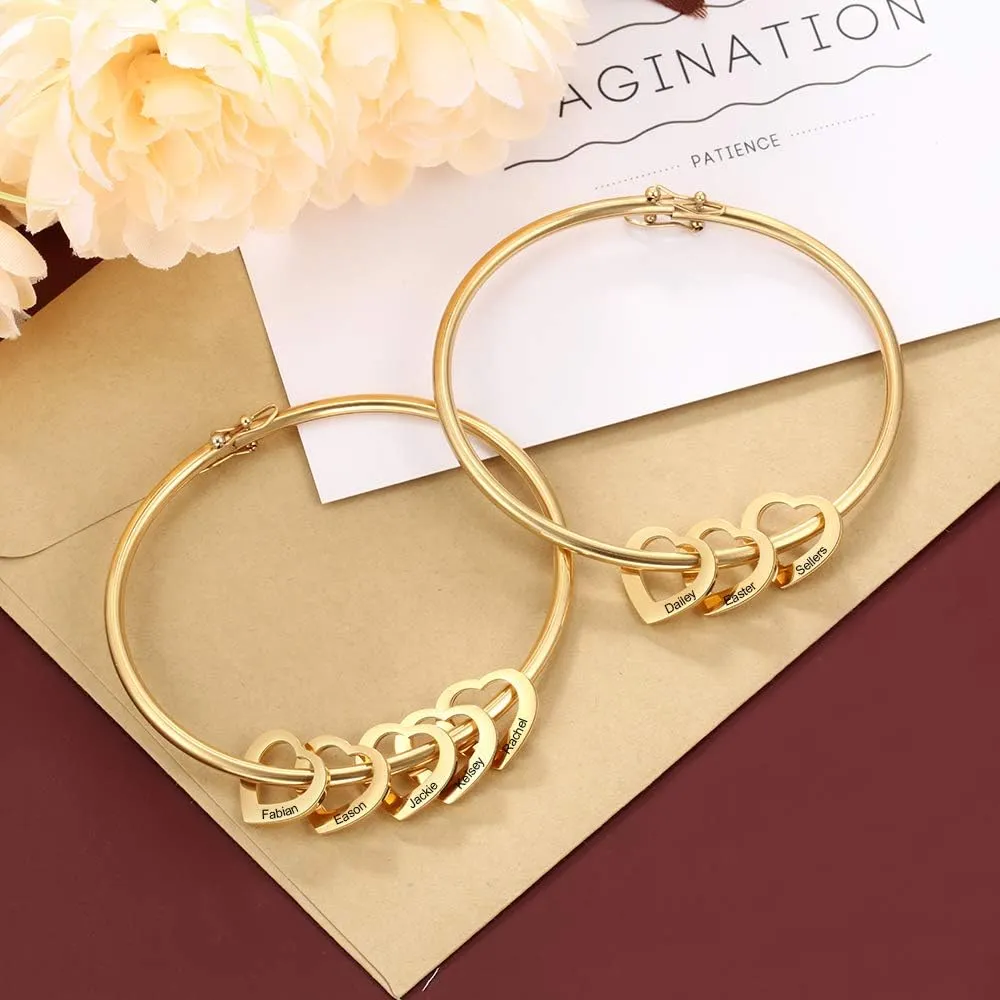 Personalized Inspirational Women Bracelet Bangle Hearts Charms Engraved Names Mother Daughter Jewelry Gifts