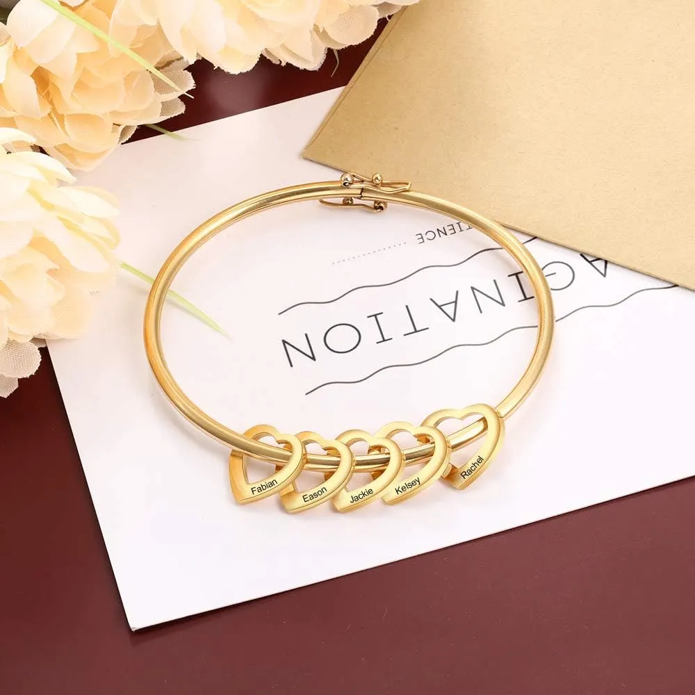 Personalized Inspirational Women Bracelet Bangle Hearts Charms Engraved Names Mother Daughter Jewelry Gifts