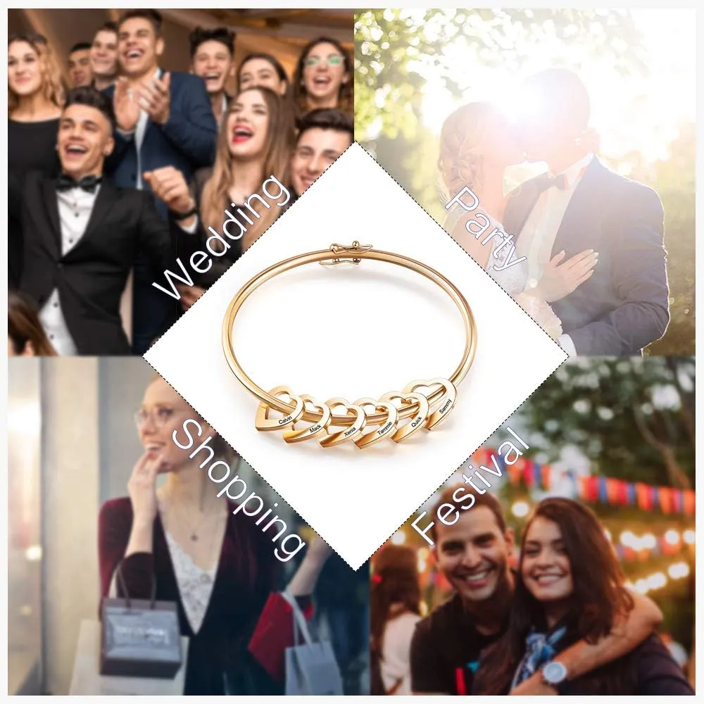 Personalized Inspirational Women Bracelet Bangle Hearts Charms Engraved Names Mother Daughter Jewelry Gifts