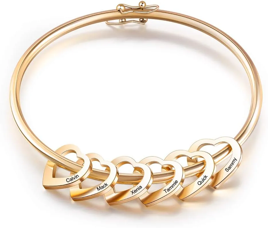 Personalized Inspirational Women Bracelet Bangle Hearts Charms Engraved Names Mother Daughter Jewelry Gifts