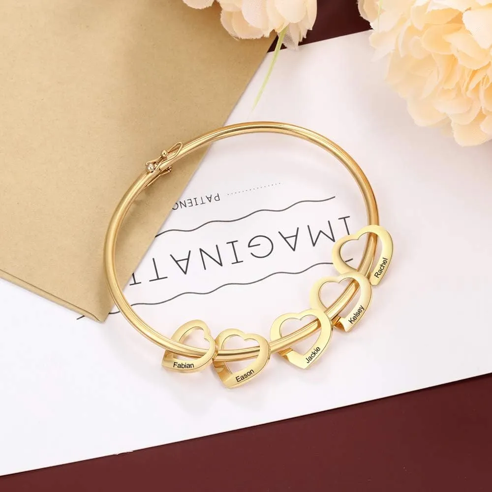 Personalized Inspirational Women Bracelet Bangle Hearts Charms Engraved Names Mother Daughter Jewelry Gifts