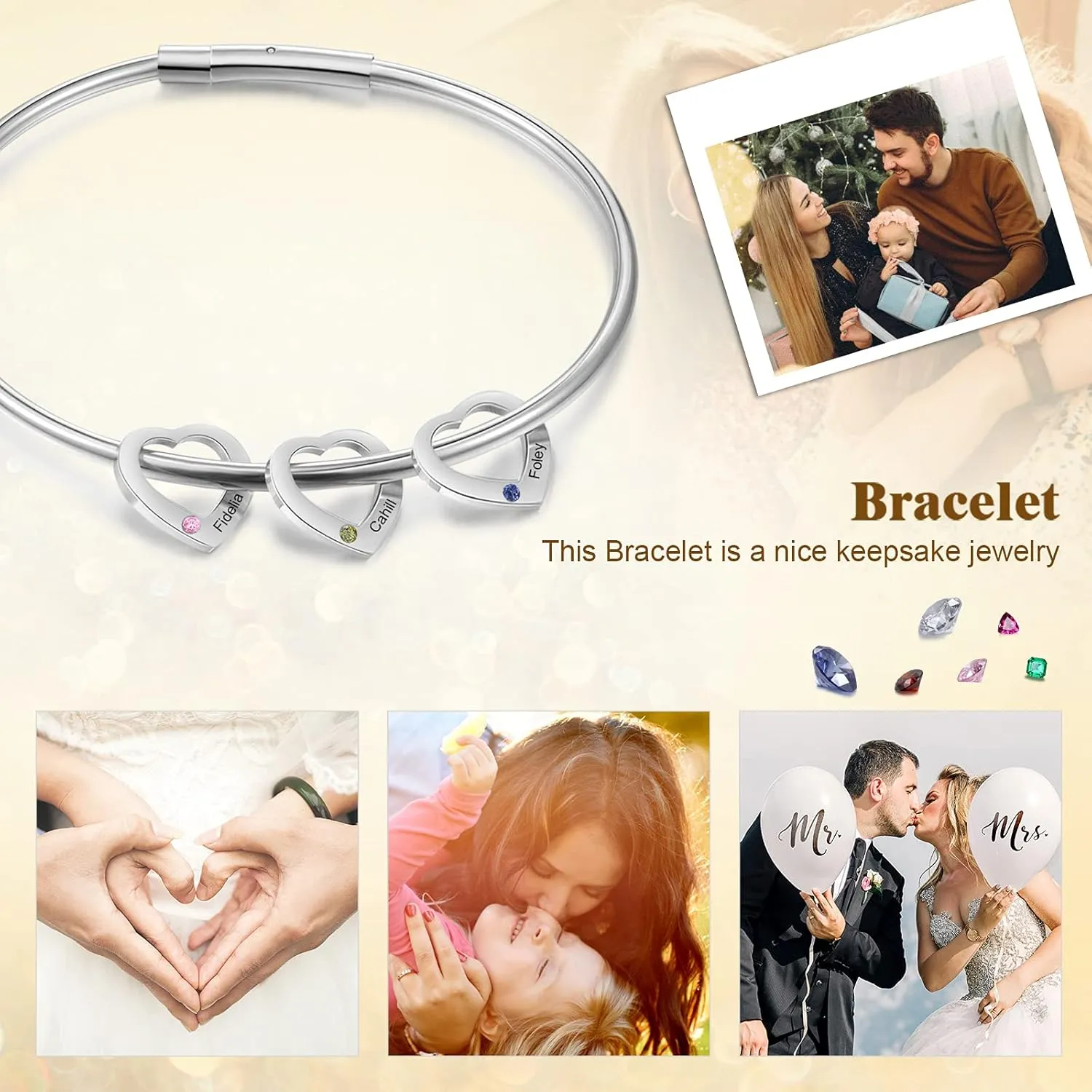 Personalized Inspirational Women Bracelet Bangle with 2-6 Simulated Birthstones Custom Hearts Charms Bracelet Engraved 2-6 Names Bangle Mother Daughter Jewelry Gifts