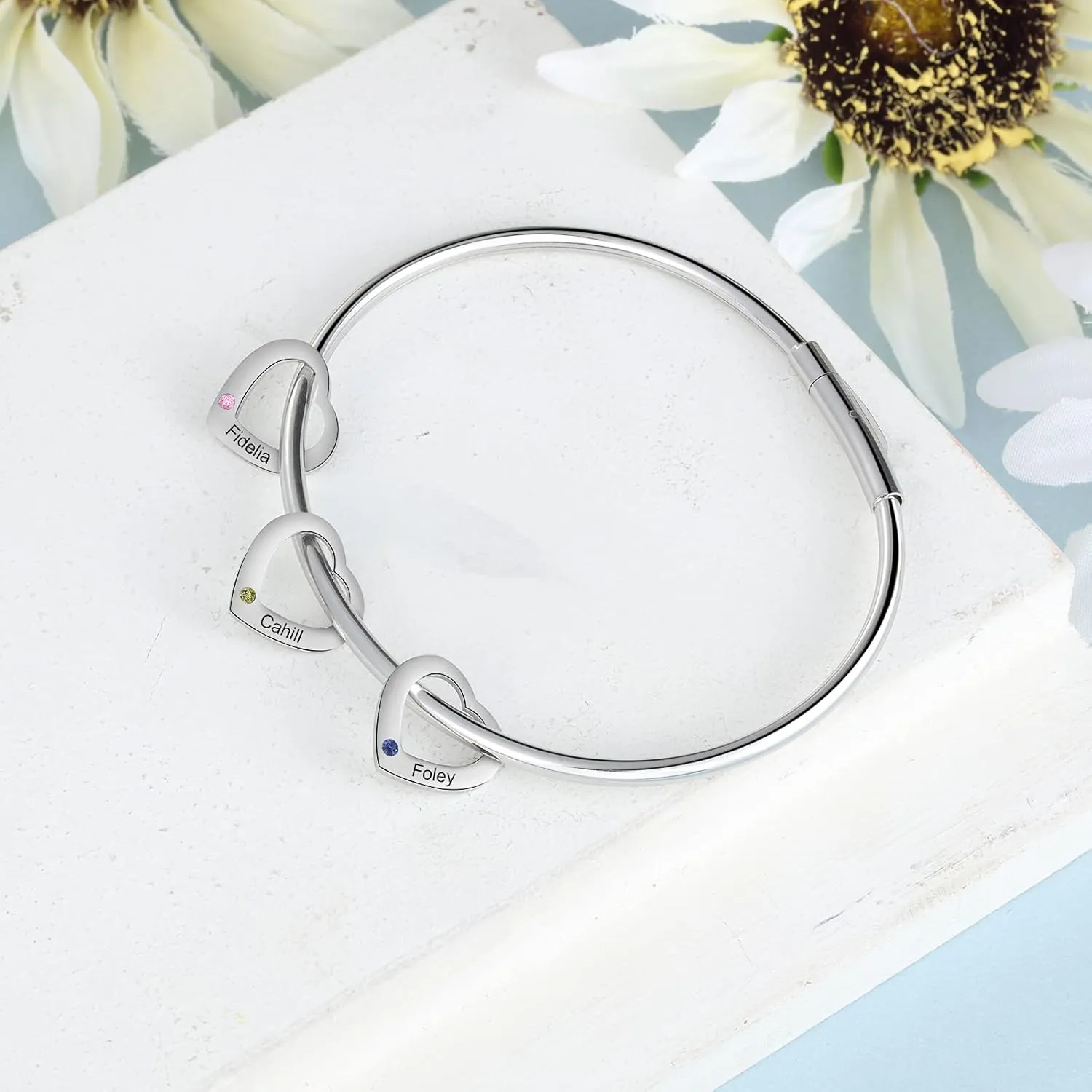 Personalized Inspirational Women Bracelet Bangle with 2-6 Simulated Birthstones Custom Hearts Charms Bracelet Engraved 2-6 Names Bangle Mother Daughter Jewelry Gifts