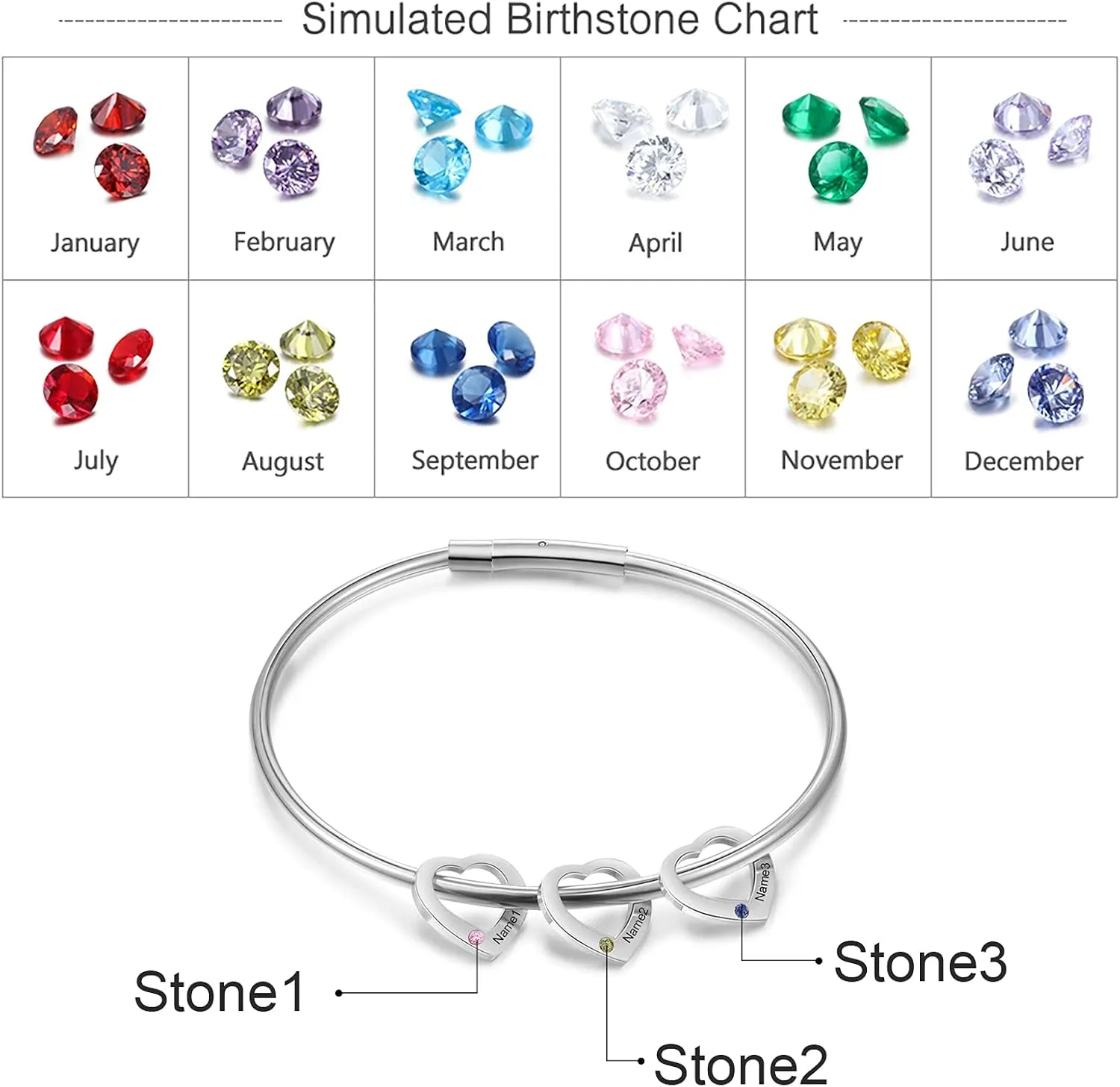 Personalized Inspirational Women Bracelet Bangle with 2-6 Simulated Birthstones Custom Hearts Charms Bracelet Engraved 2-6 Names Bangle Mother Daughter Jewelry Gifts