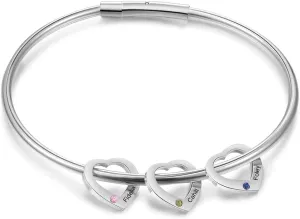 Personalized Inspirational Women Bracelet Bangle with 2-6 Simulated Birthstones Custom Hearts Charms Bracelet Engraved 2-6 Names Bangle Mother Daughter Jewelry Gifts