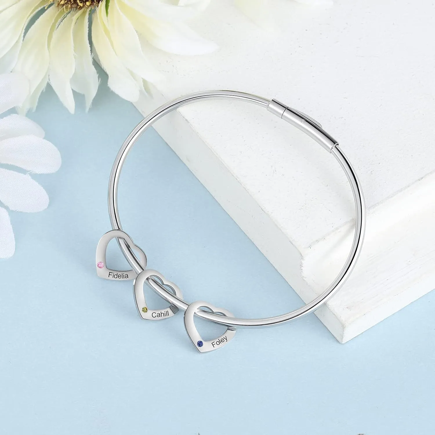 Personalized Inspirational Women Bracelet Bangle with 2-6 Simulated Birthstones Custom Hearts Charms Bracelet Engraved 2-6 Names Bangle Mother Daughter Jewelry Gifts