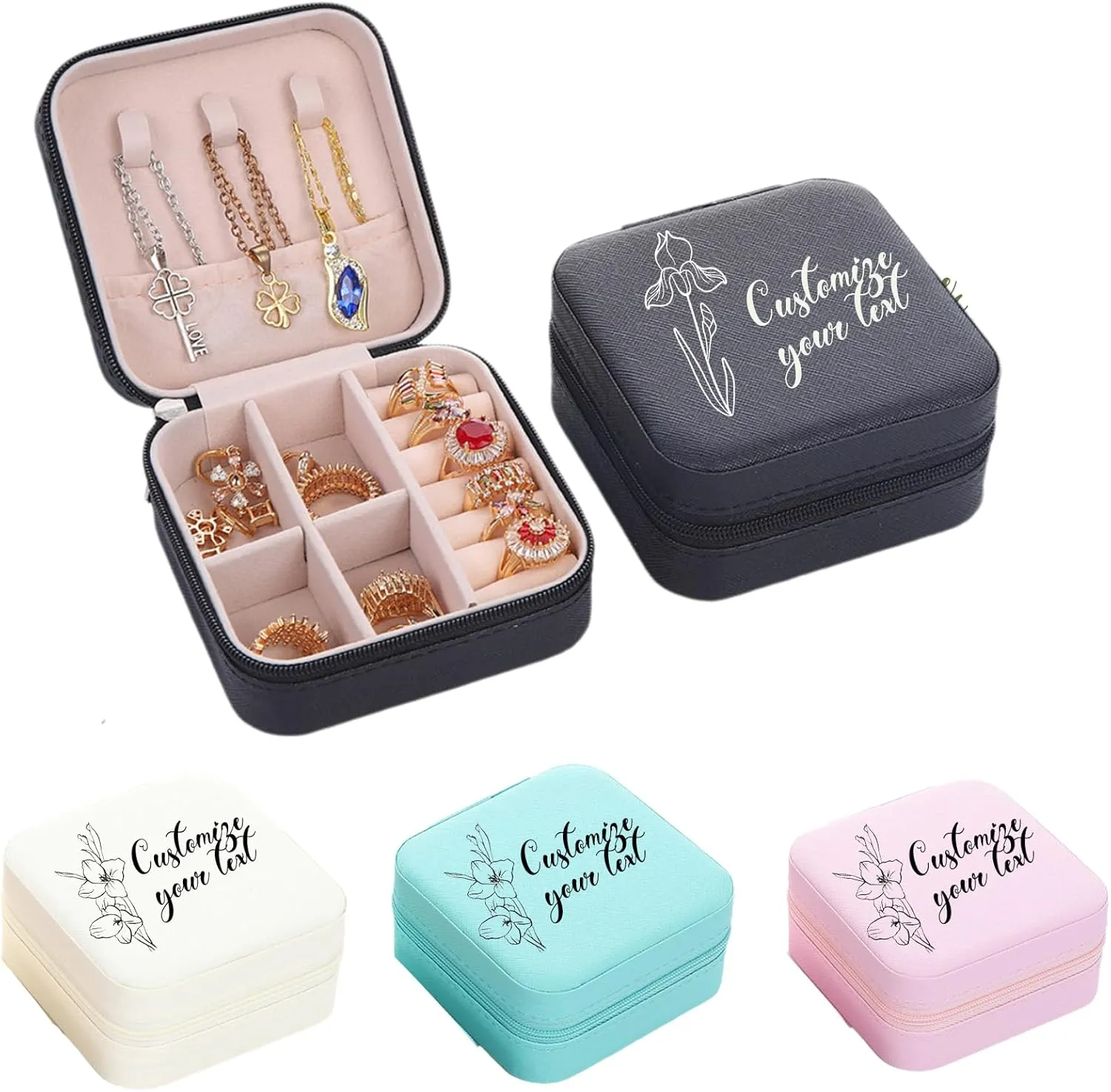 Personalized Jewelry Box with Name and Birth Flower Custom Jewelry Case Box, Personalized Gifts for Women Birthday Valentine's Day, Mother's Day Christmas (Style 3)