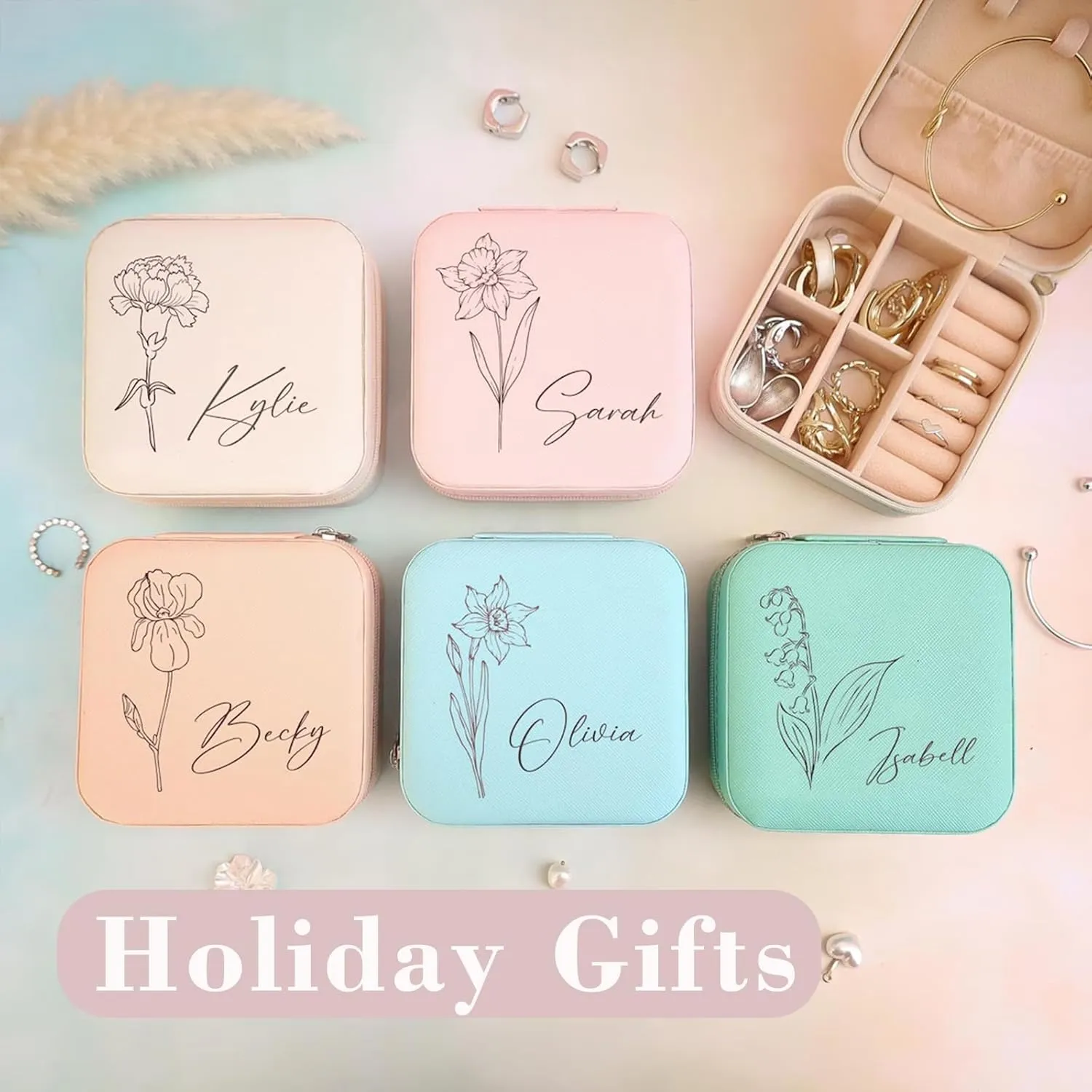Personalized Jewelry Box with Name and Birth Flower Custom Jewelry Case Box, Personalized Gifts for Women Birthday Valentine's Day, Mother's Day Christmas (Style 3)