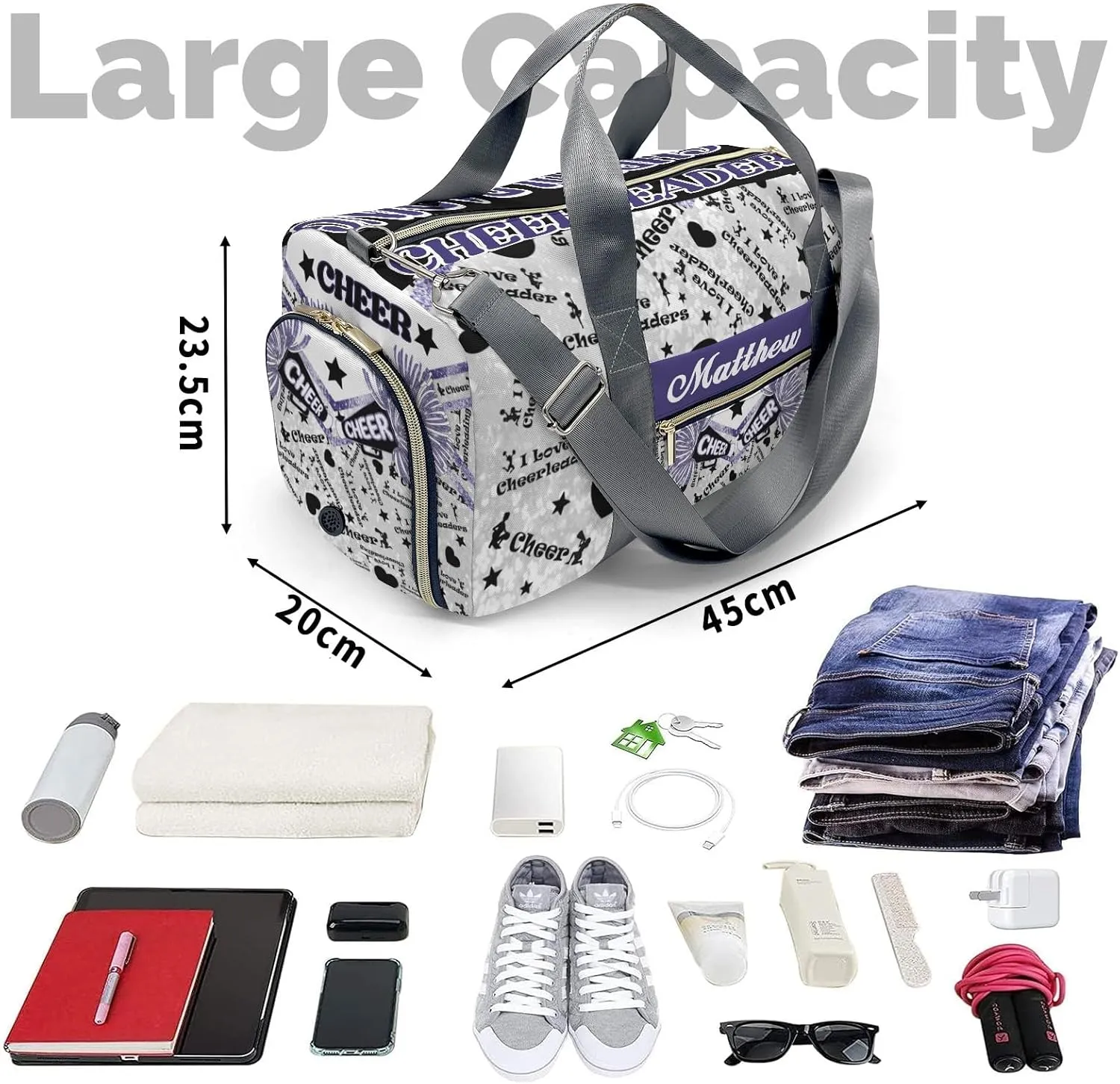 Personalized Name Sports Duffel Bags Cheerleaders Bling Glitter Print Gymnastics Travel Perform Training Casual Bag