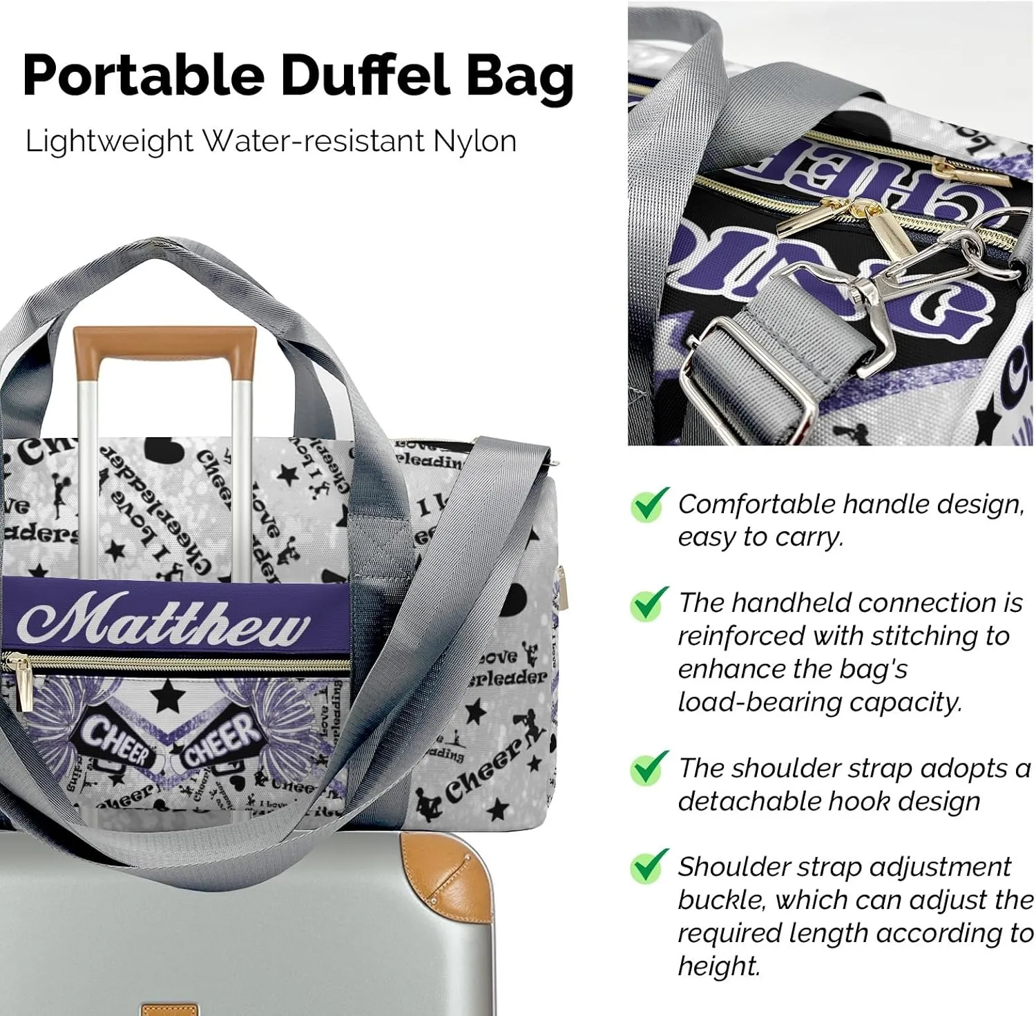 Personalized Name Sports Duffel Bags Cheerleaders Bling Glitter Print Gymnastics Travel Perform Training Casual Bag