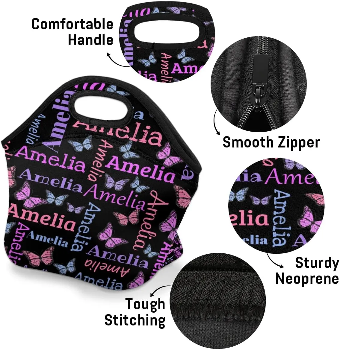 Personalized Neoprene Lunch Bags Lunch Tote Bag for Girl Women, Custom Gift Lunch Box Picnic Bag Outdoor Travel Work Butter Glitter