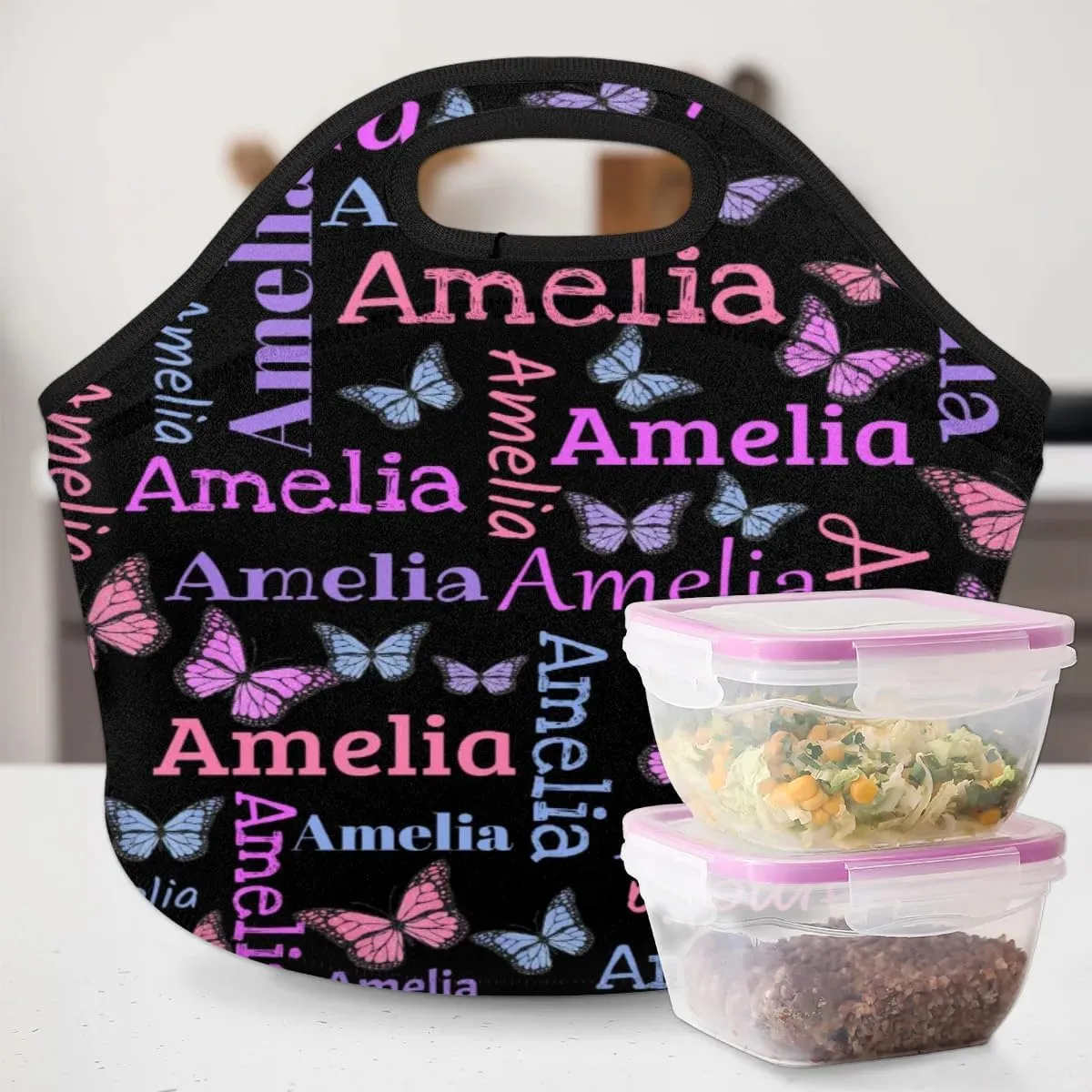 Personalized Neoprene Lunch Bags Lunch Tote Bag for Girl Women, Custom Gift Lunch Box Picnic Bag Outdoor Travel Work Butter Glitter