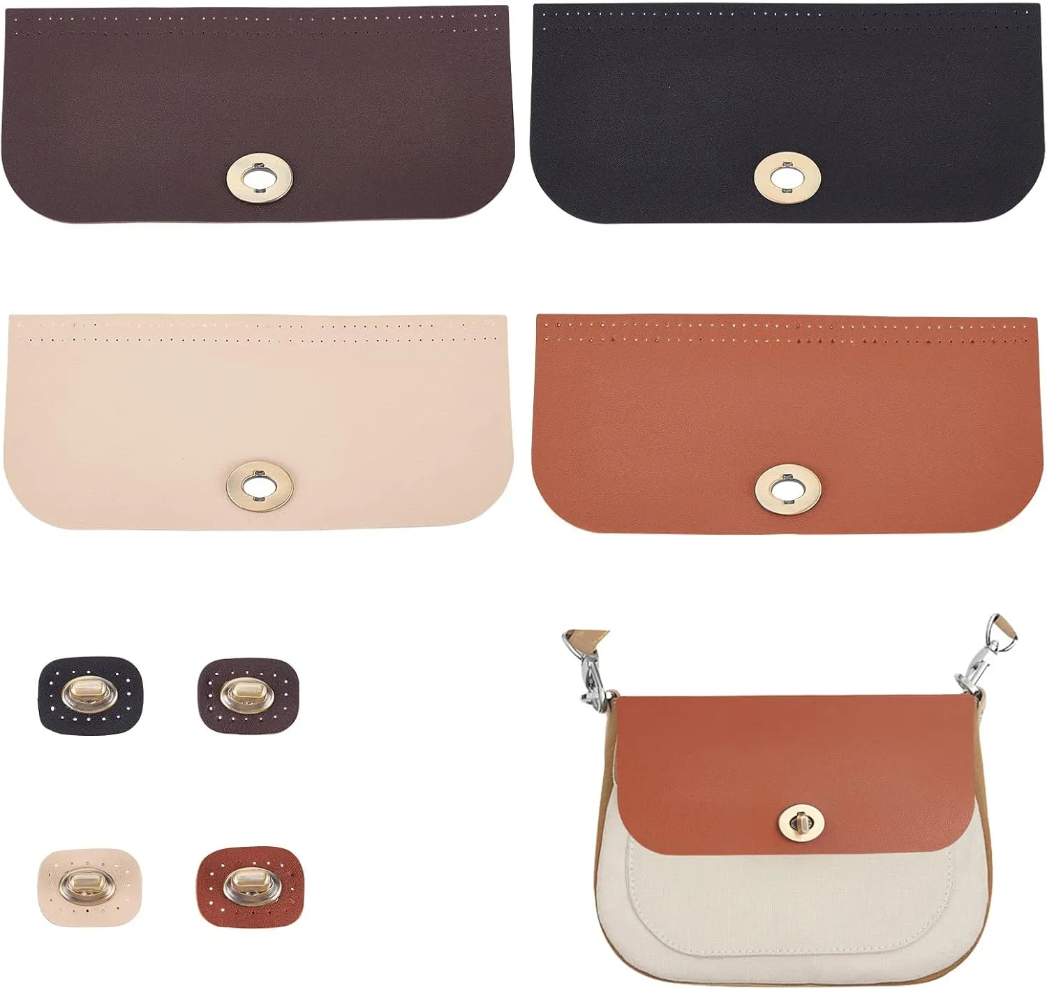 PH PandaHall 4pcs Bag Flip Cover, 9 x 4 Inch PU Imitation Leather Bag Cover Sew on Faux Leather Tab Closure with Antique Bronze Alloy Buckle for DIY Handbag Purse Shoulder Bag Making, Earthtone
