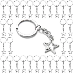 PHAETON 50PCS Silver Star Design Keychain Plated Hollow Double Star Style Keyring Small Size Star Pendant Keychain for Women Men DIY Handmade Jewelry