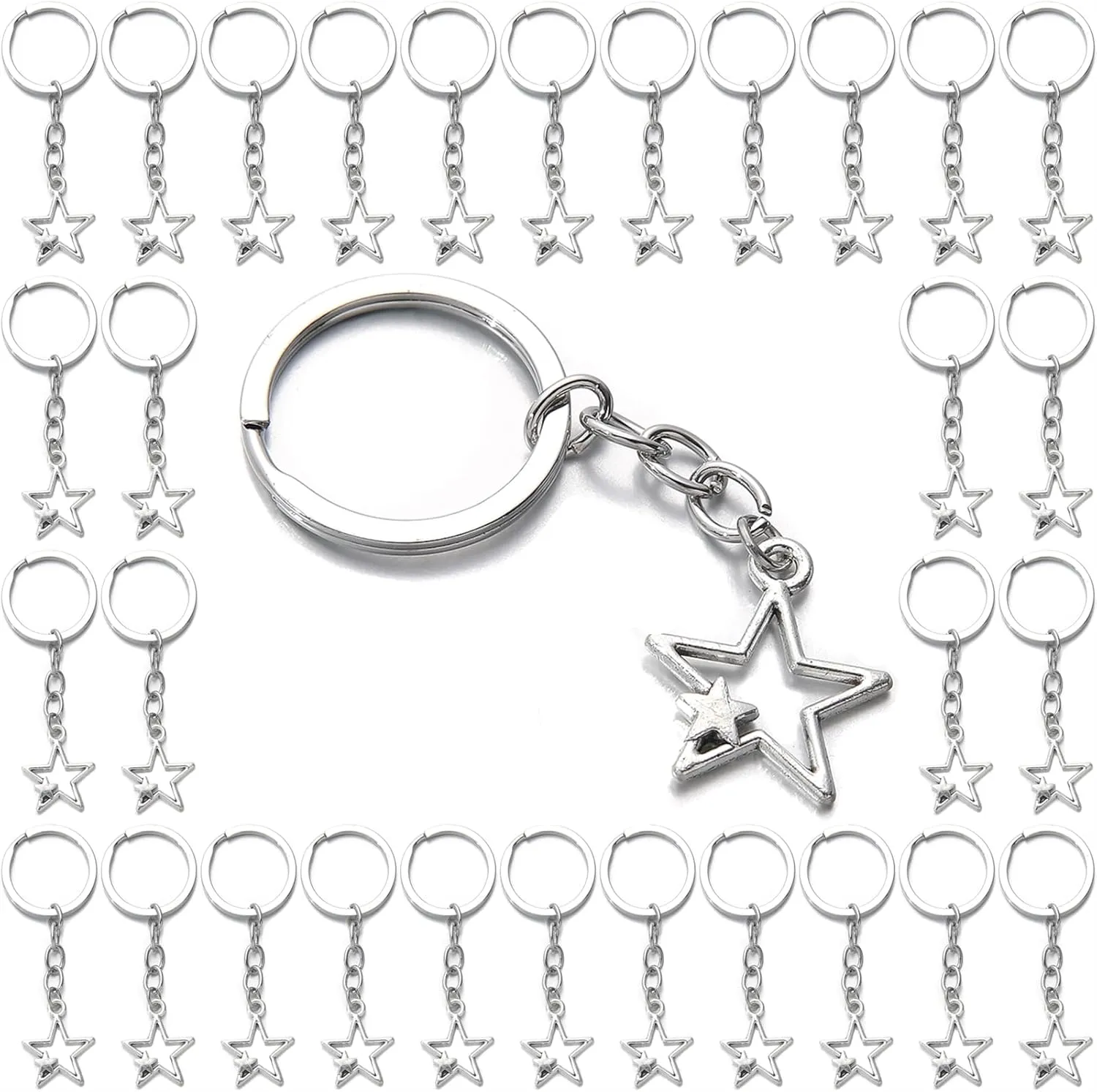 PHAETON 50PCS Silver Star Design Keychain Plated Hollow Double Star Style Keyring Small Size Star Pendant Keychain for Women Men DIY Handmade Jewelry