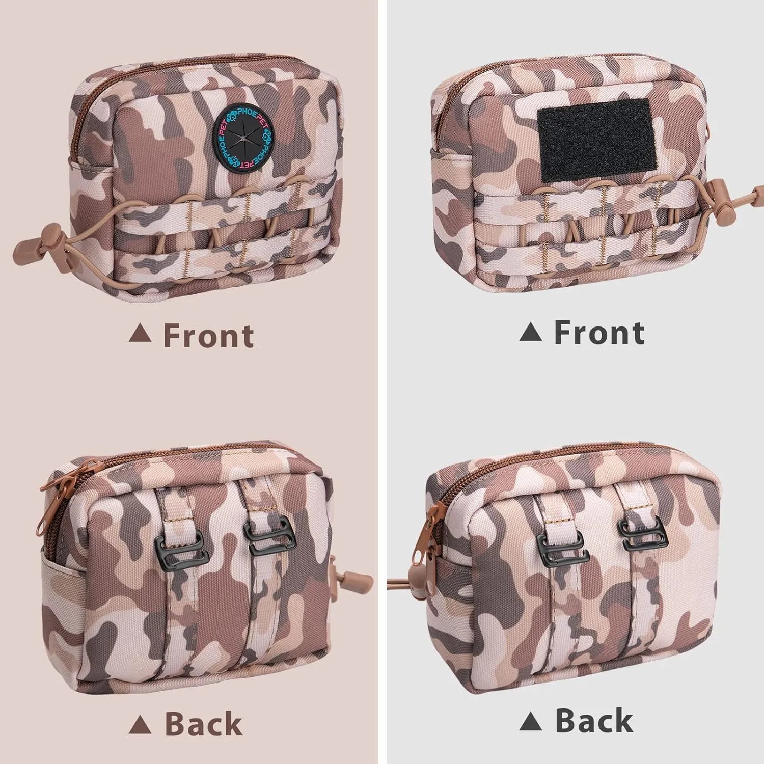 PHOEPET 2 PCS Bags Pouches for Tactical Dog Harness, Safety Side Pockets with a Poop Bag Holder and a Panel for Patch(Woodland Brown,#2)