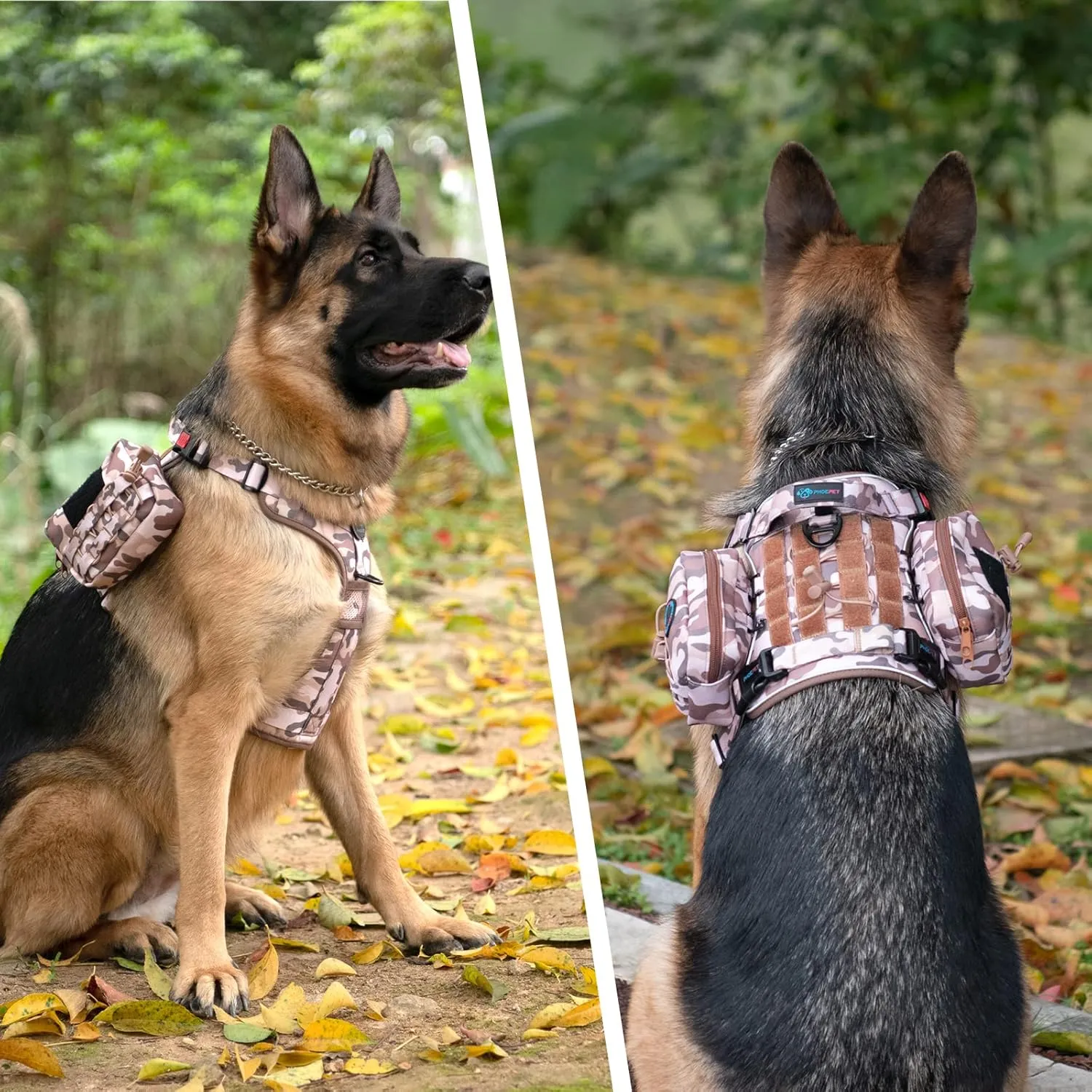 PHOEPET 2 PCS Bags Pouches for Tactical Dog Harness, Safety Side Pockets with a Poop Bag Holder and a Panel for Patch(Woodland Brown,#2)