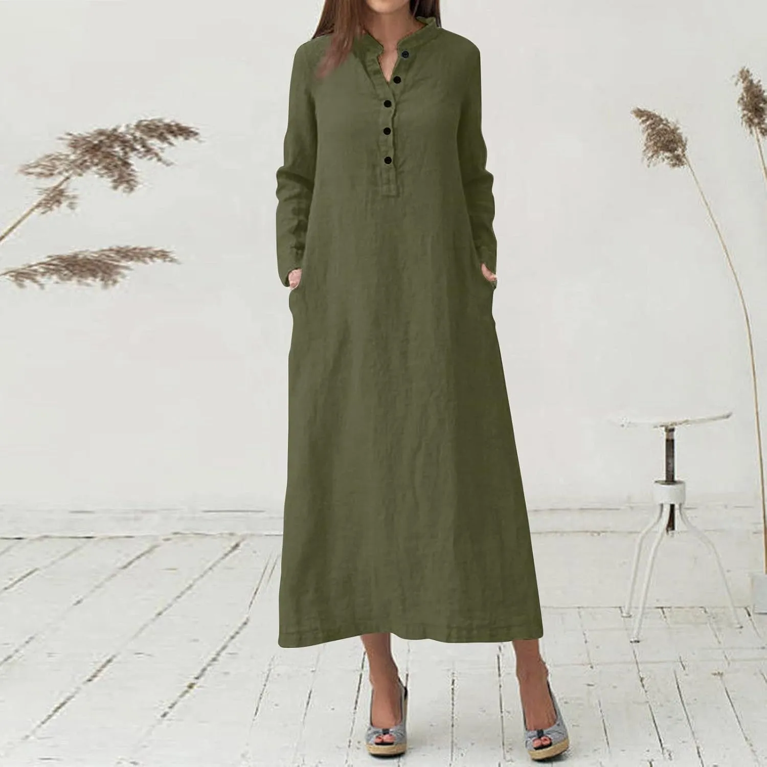 Plain Maxi Long Dress Women's Kaftan Cotton Long Sleeve Casaul Oversized Dress