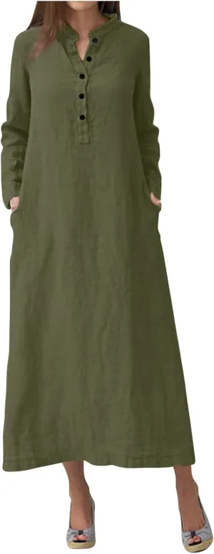 Plain Maxi Long Dress Women's Kaftan Cotton Long Sleeve Casaul Oversized Dress
