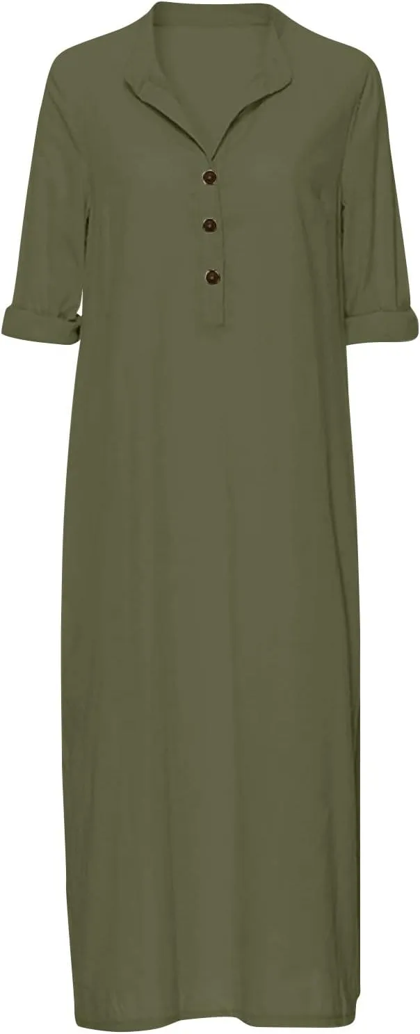 Plain Maxi Long Dress Women's Kaftan Cotton Long Sleeve Casaul Oversized Dress