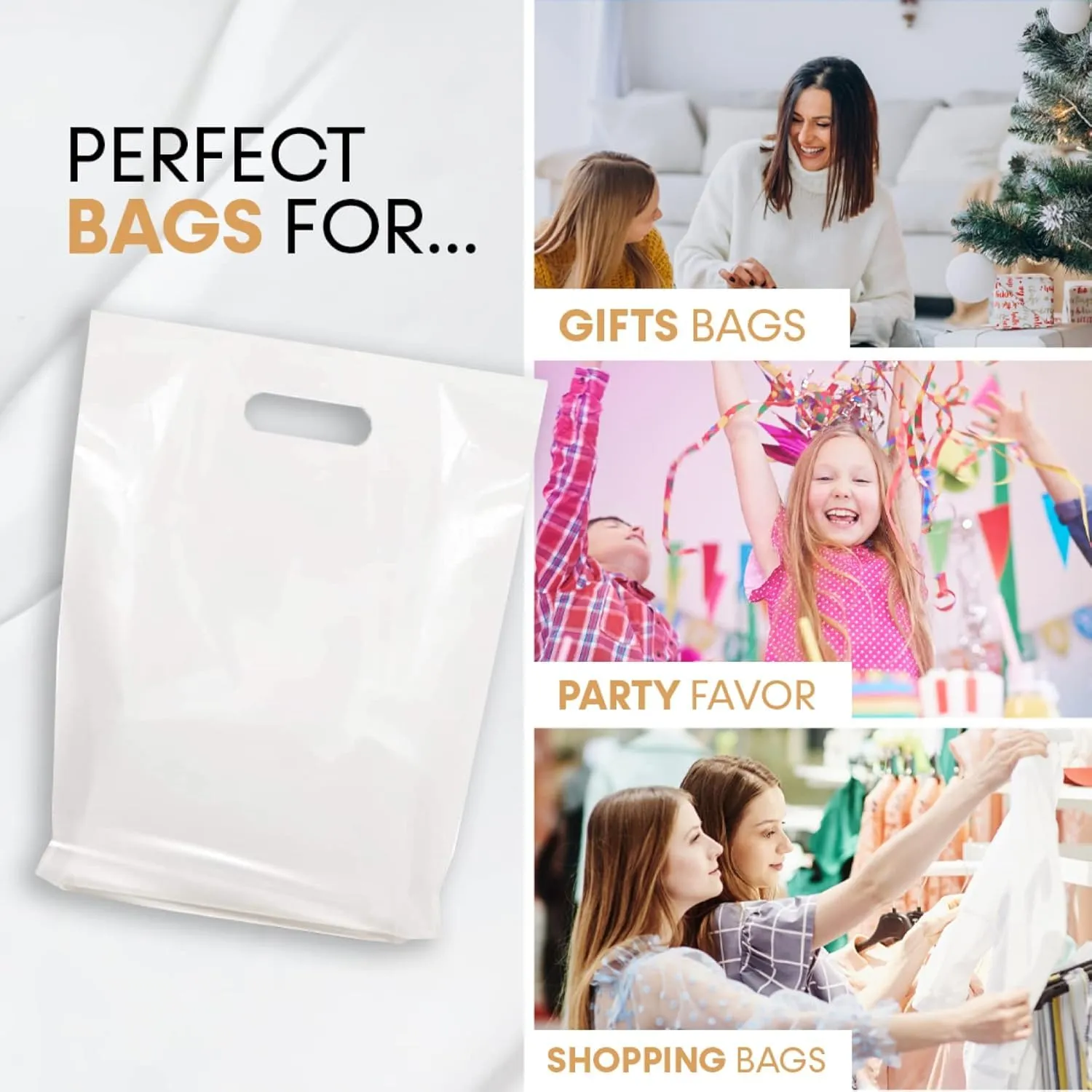 Plastic Shopping Bag with Die Cut Handle Bag 16" x 18" White Plastic Merchandise Bags with Handle 100 Pack for Retail, Heavy Duty Bulk Bags