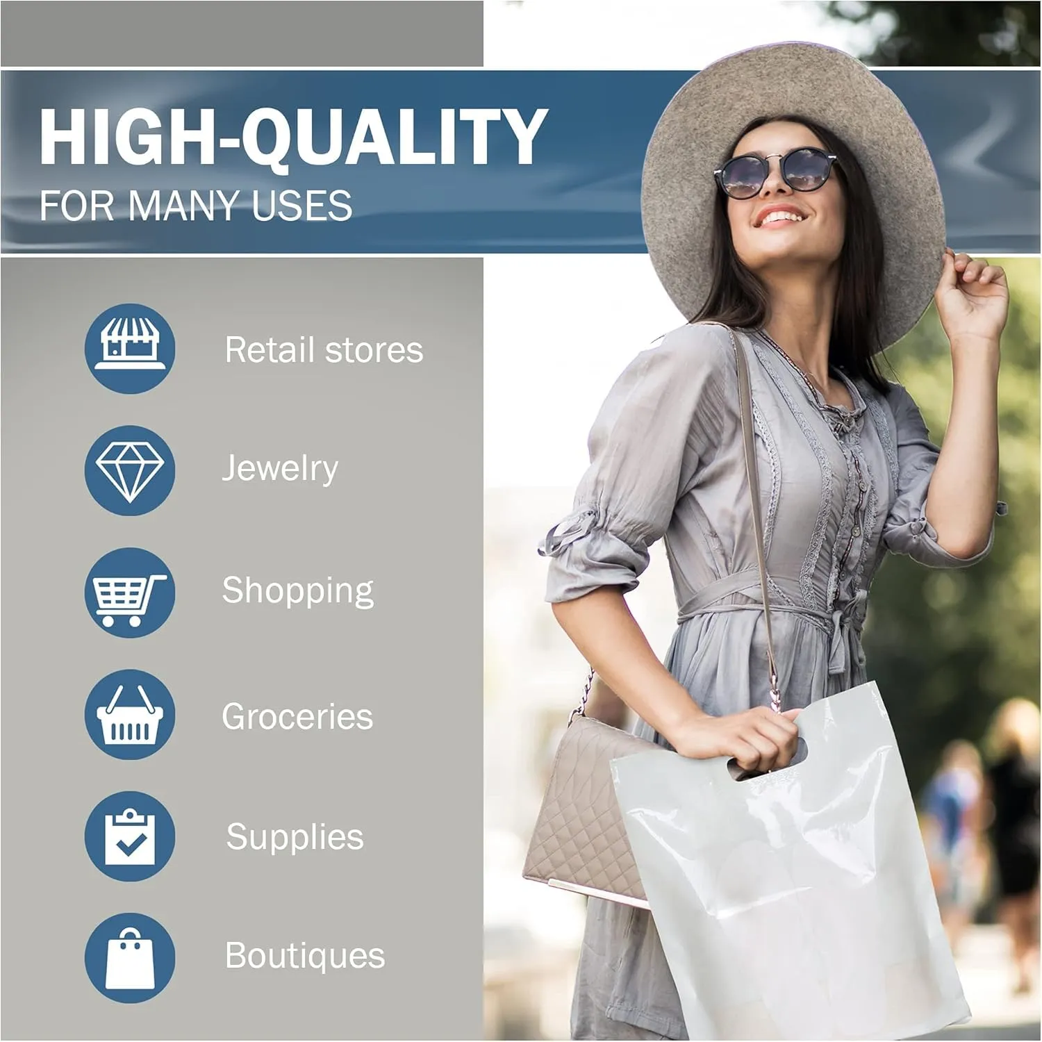 Plastic Shopping Bag with Die Cut Handle Bag 16" x 18" White Plastic Merchandise Bags with Handle 100 Pack for Retail, Heavy Duty Bulk Bags
