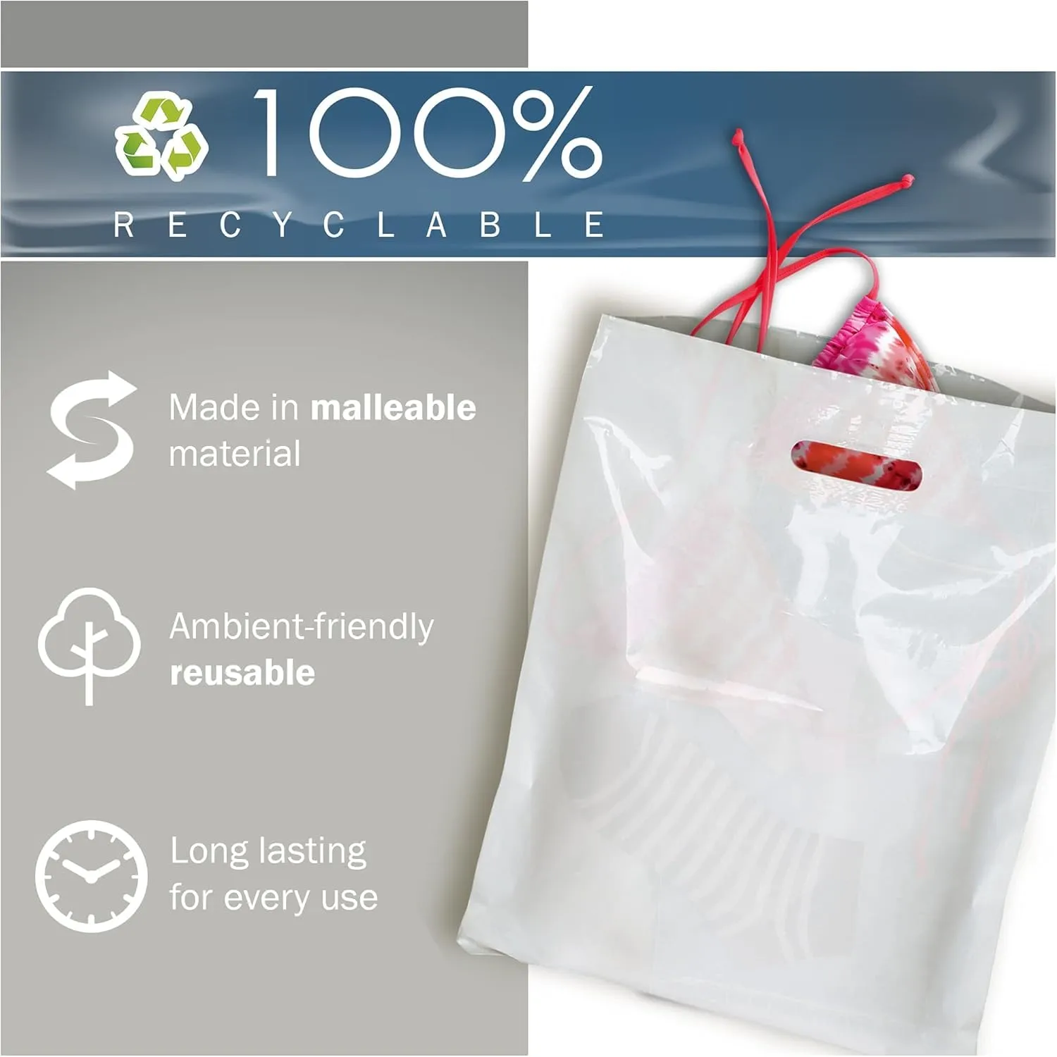 Plastic Shopping Bag with Die Cut Handle Bag 16" x 18" White Plastic Merchandise Bags with Handle 100 Pack for Retail, Heavy Duty Bulk Bags