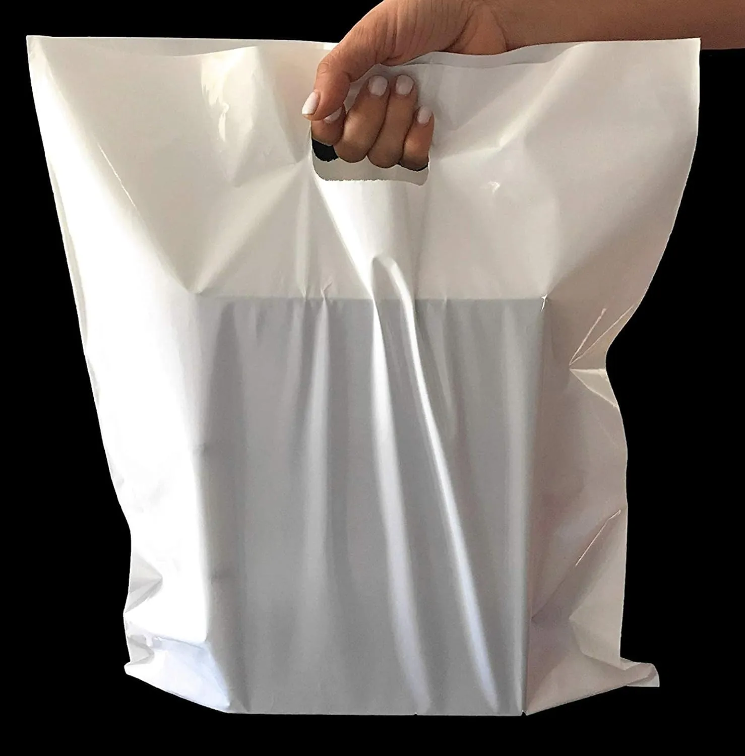 Plastic Shopping Bag with Die Cut Handle Bag 16" x 18" White Plastic Merchandise Bags with Handle 100 Pack for Retail, Heavy Duty Bulk Bags