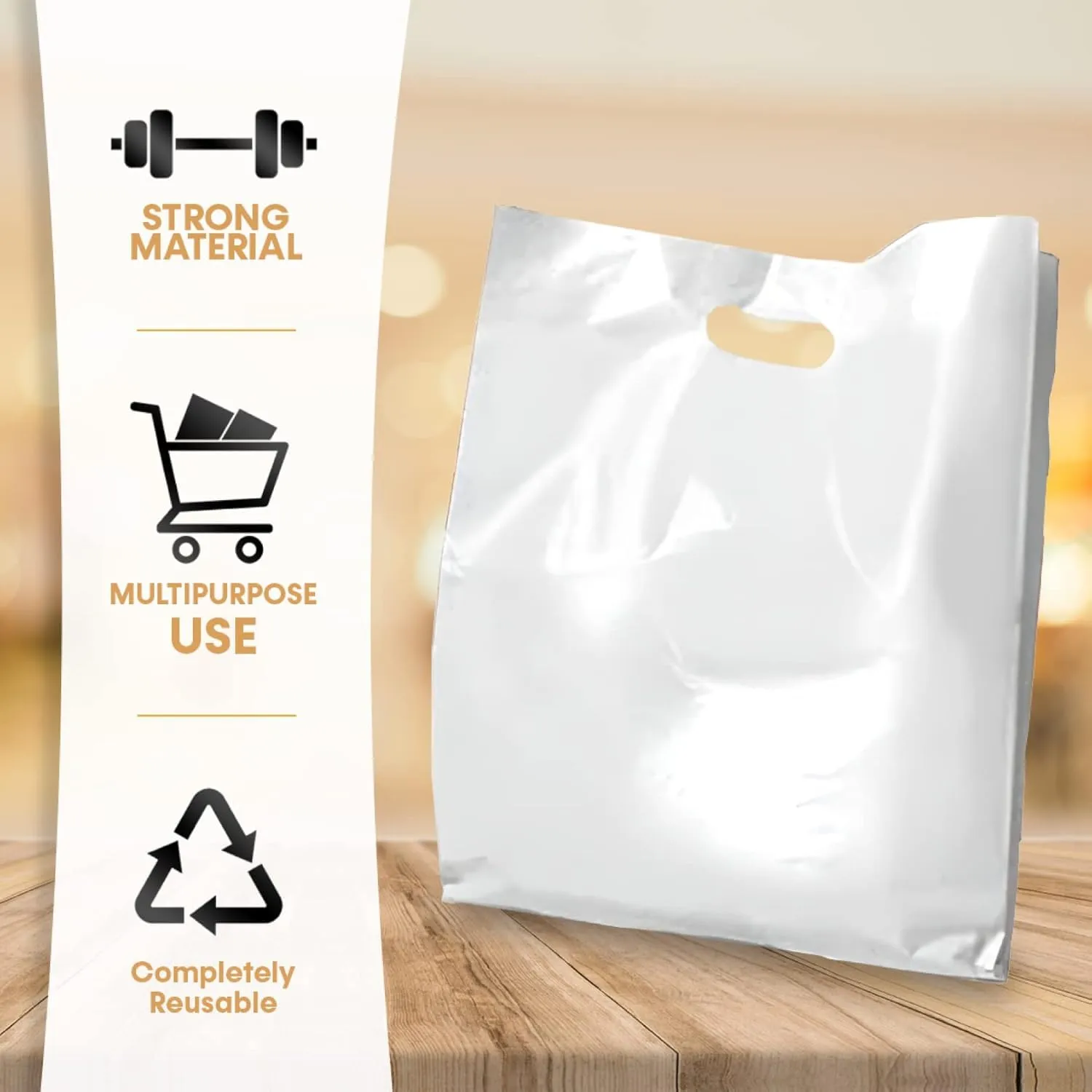 Plastic Shopping Bag with Die Cut Handle Bag 16" x 18" White Plastic Merchandise Bags with Handle 100 Pack for Retail, Heavy Duty Bulk Bags