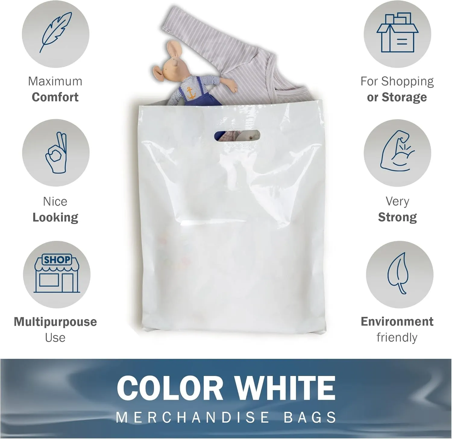 Plastic Shopping Bag with Die Cut Handle Bag 16" x 18" White Plastic Merchandise Bags with Handle 100 Pack for Retail, Heavy Duty Bulk Bags